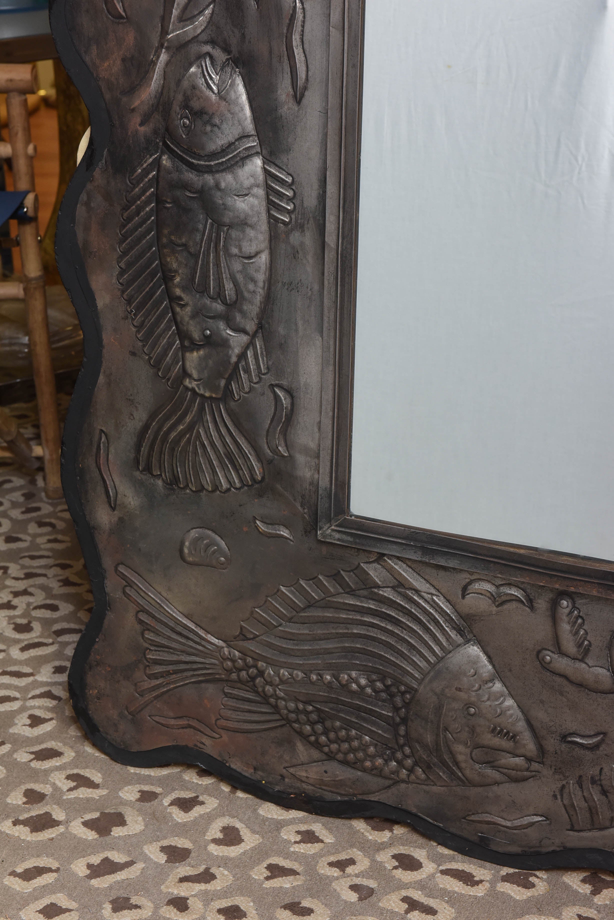 Large Embossed Metal Framed Mirror with  Assorted Fish In Good Condition In West Palm Beach, FL