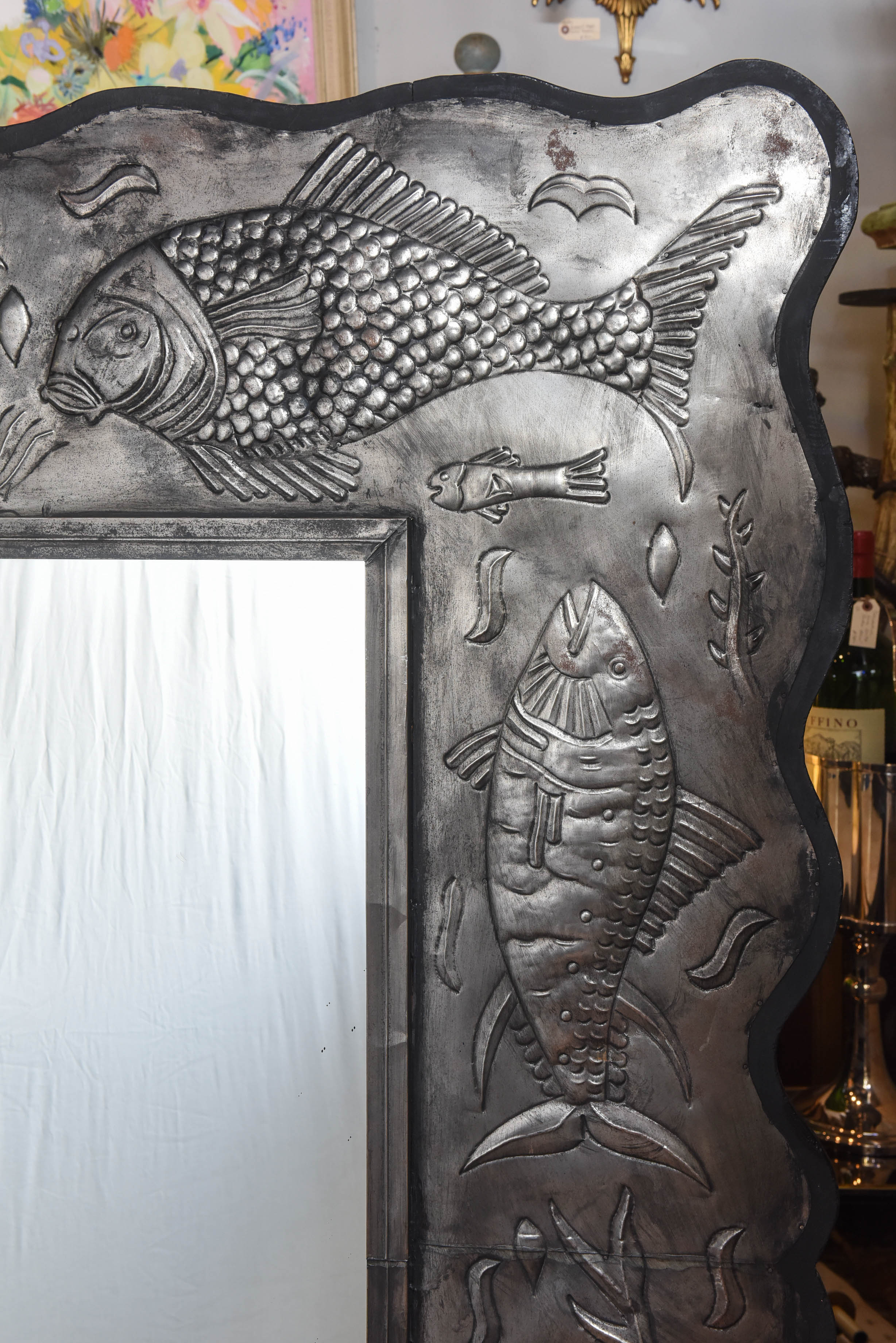 20th Century Large Embossed Metal Framed Mirror with  Assorted Fish