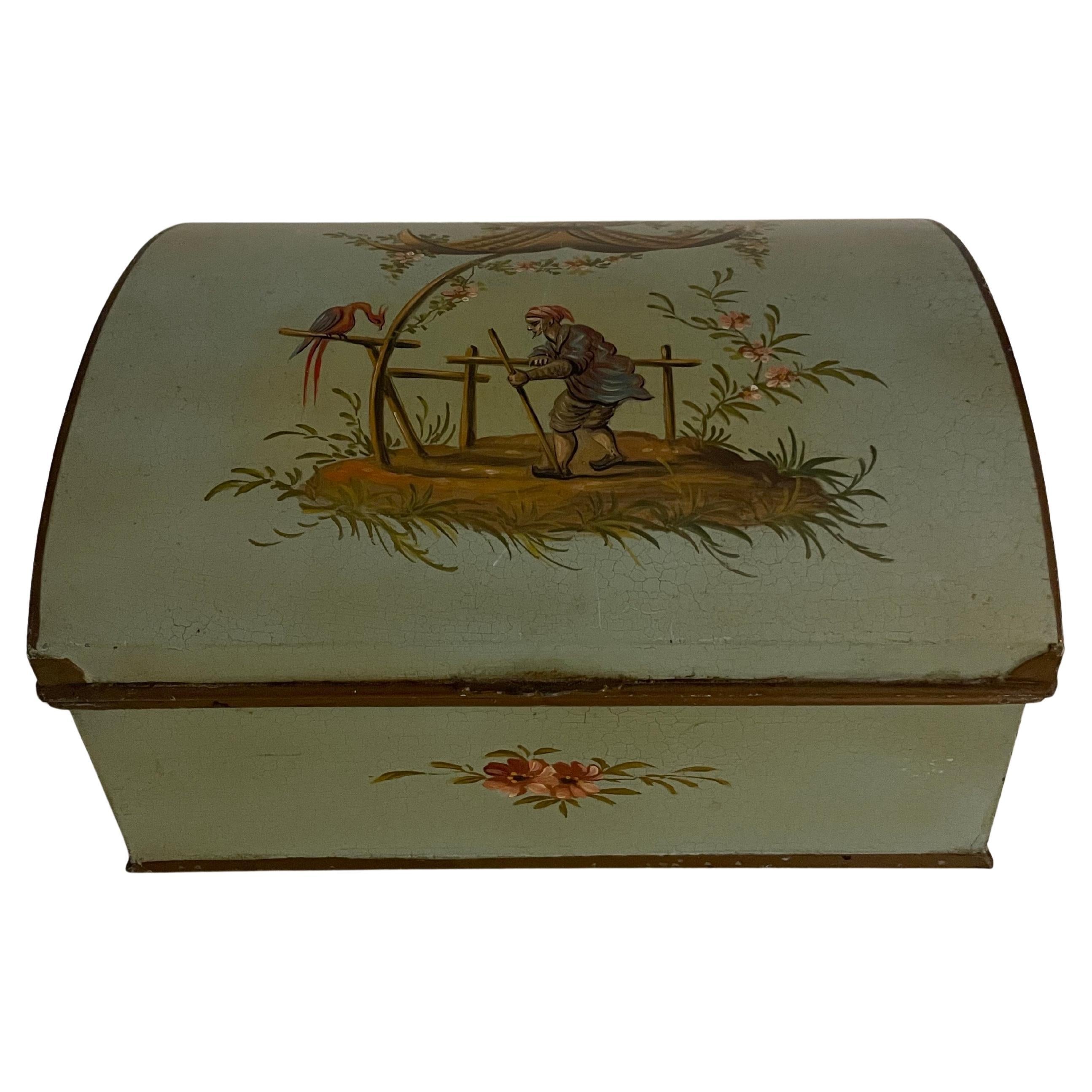 Chinoiserie Pale Green Tole Box with Hinged Lid For Sale
