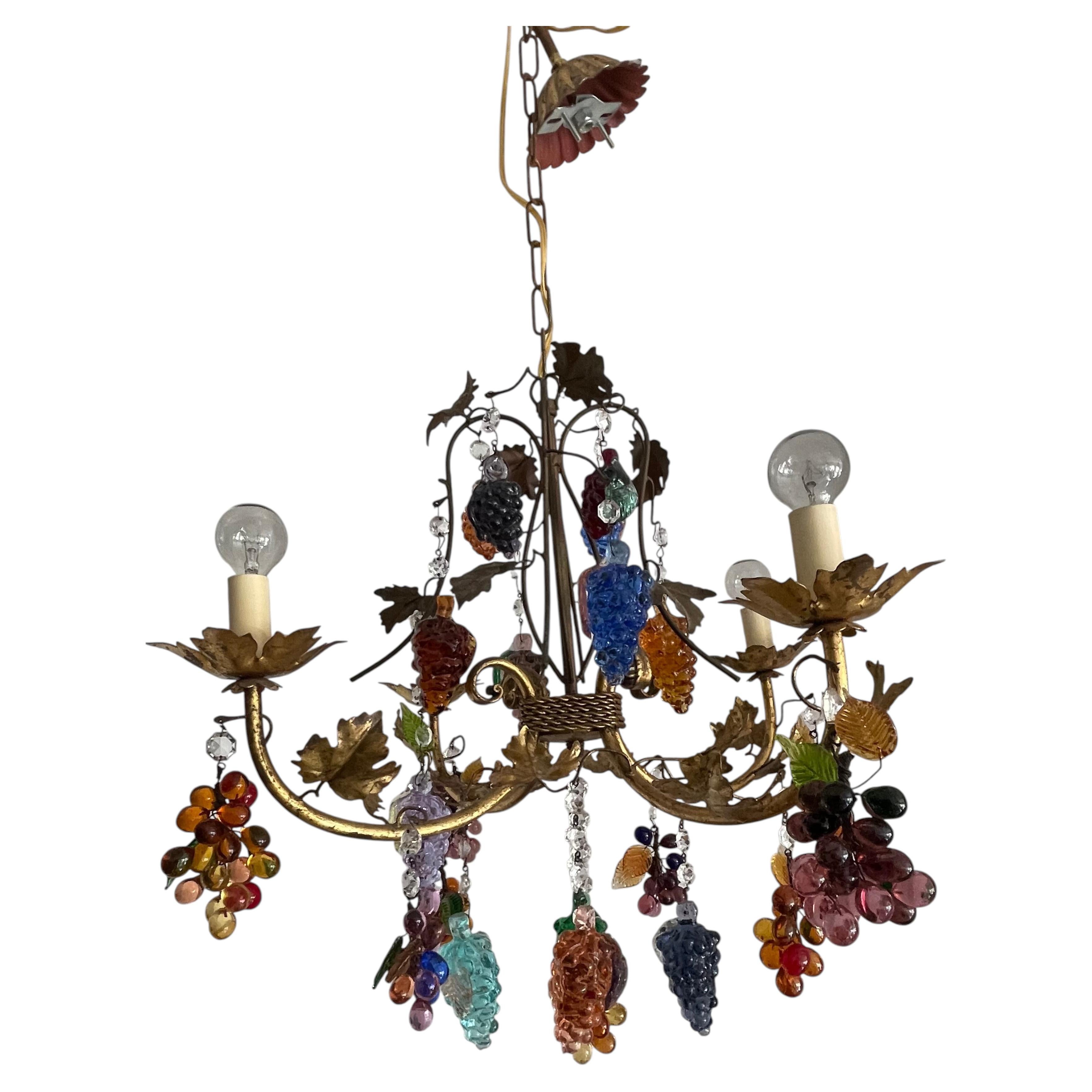 Vintage Murano Fruit Chandelier, vergoldetes Metall, bunte Ornamente