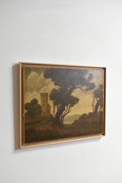 Peinture représentant un paysage avec des ruines, années 1960.