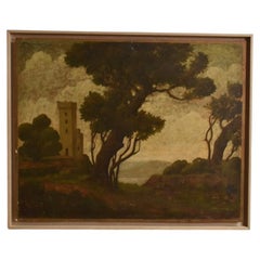Peinture représentant un paysage avec des ruines, années 1960.