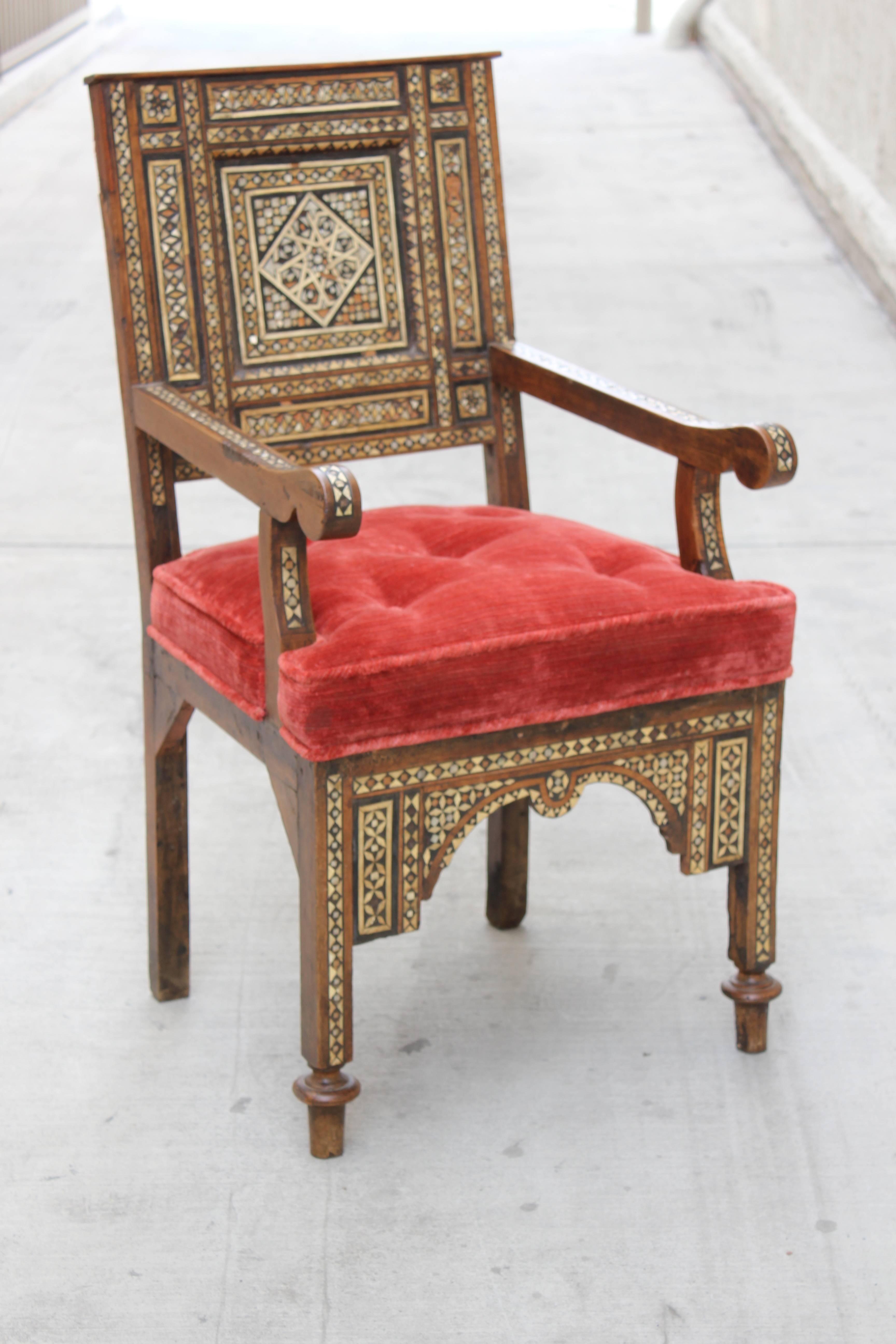 Newly upholstered in claremont fabric Syrian Mother-of-Pearl inlaid 19th century armchair. 28