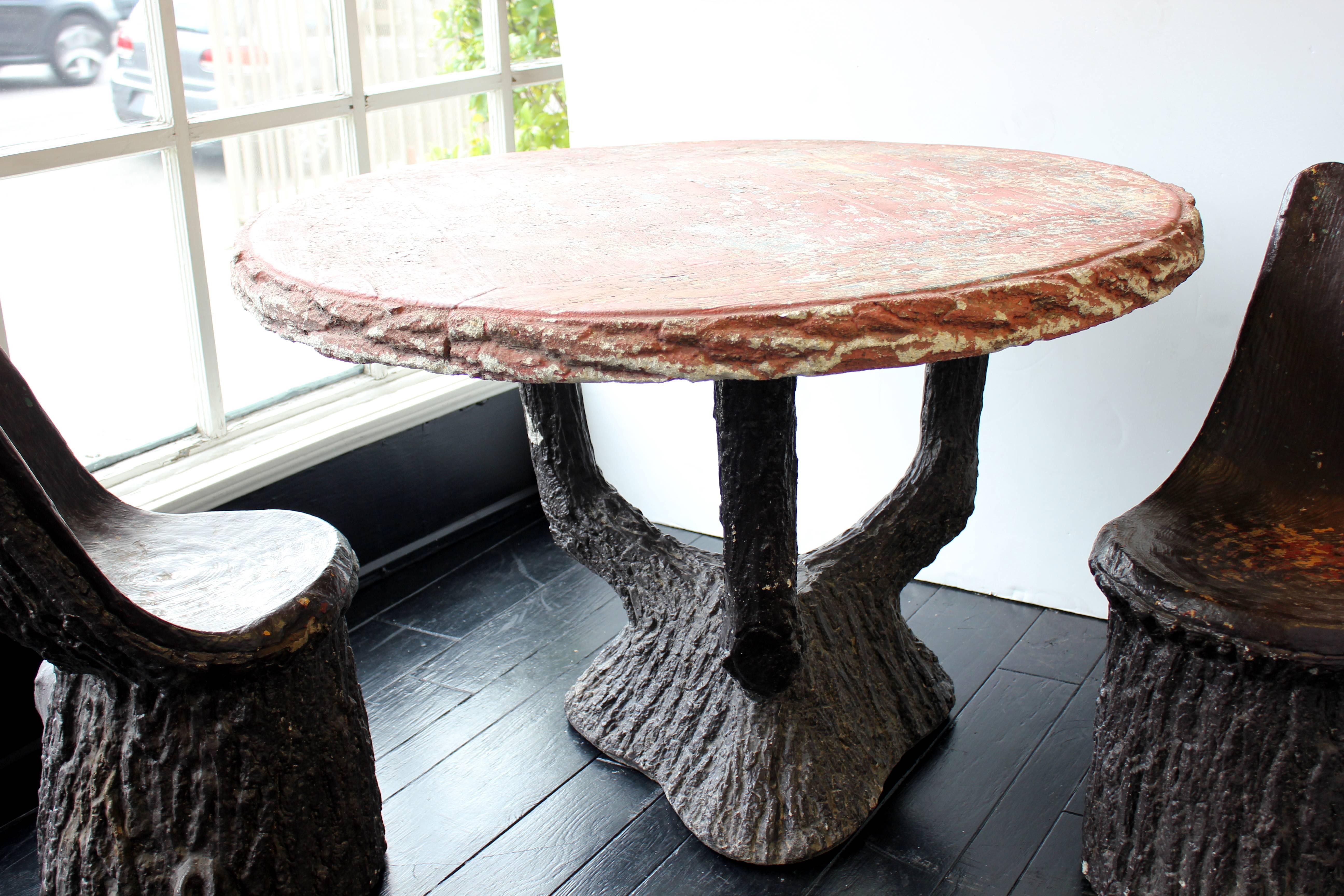 19th Century French Faux Bois Cement Garden Table and Chairs For Sale 1
