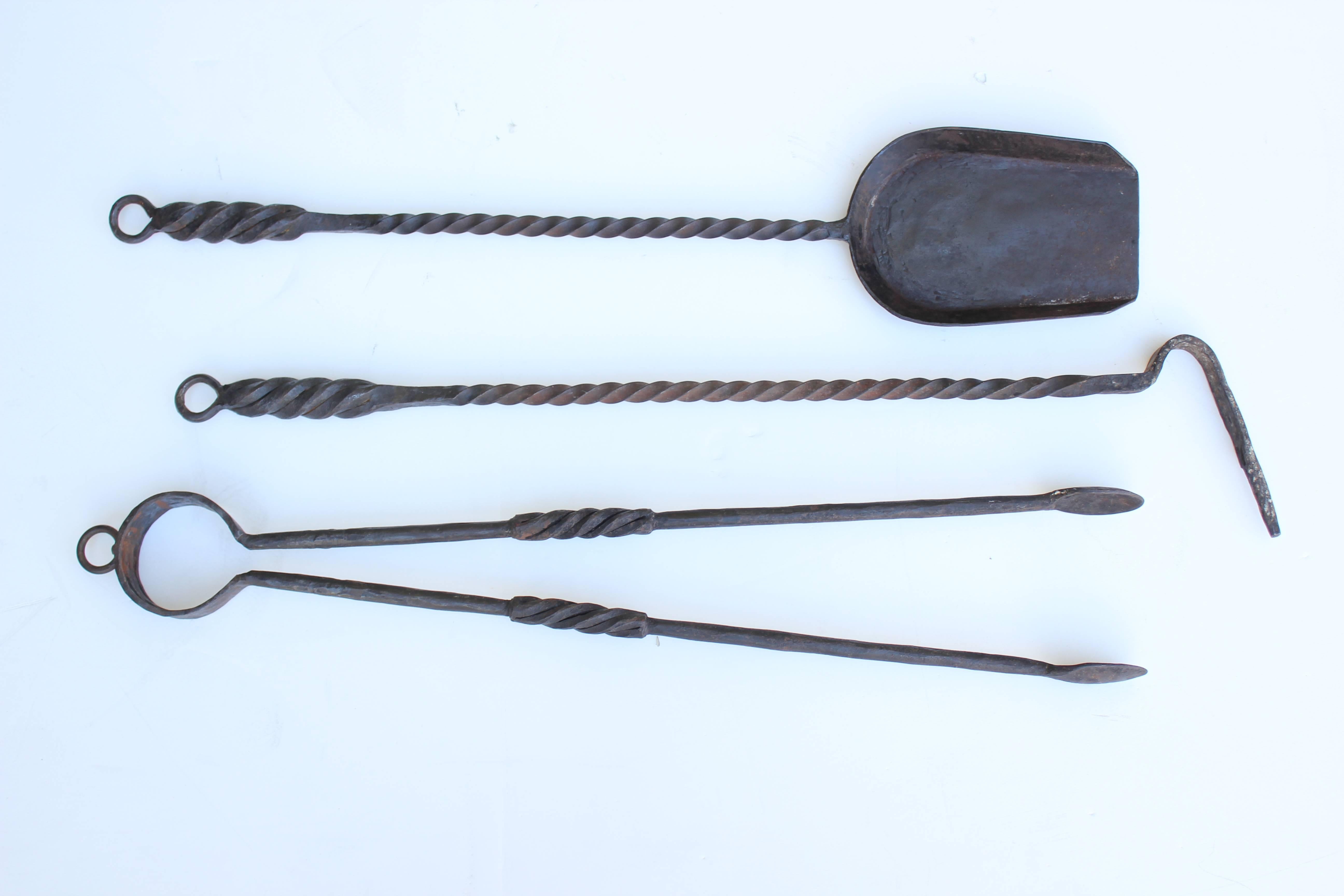 Large Set of Hand Wrought Fireplace Tools In Excellent Condition In Los Angeles, CA