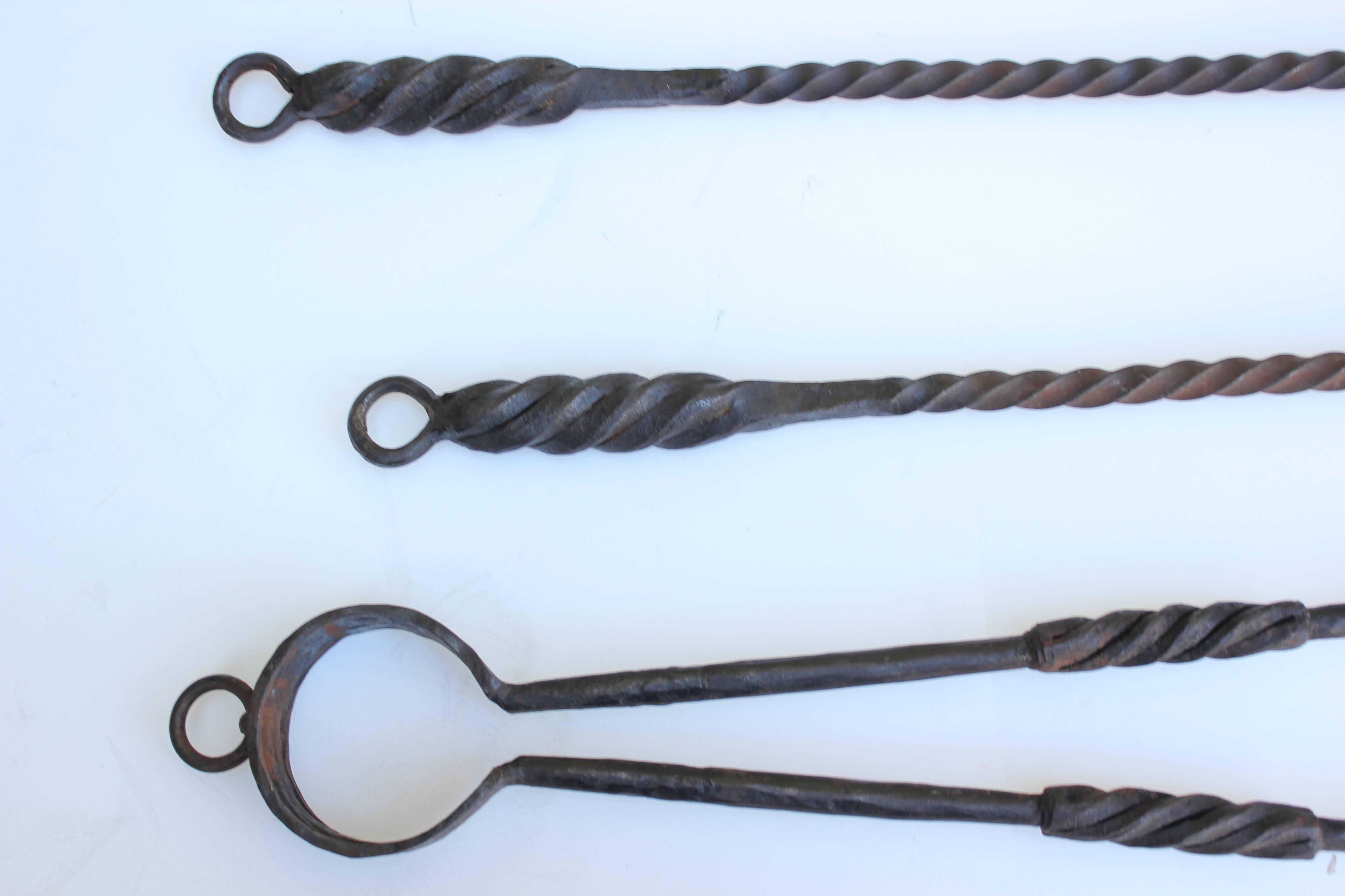 20th Century Large Set of Hand Wrought Fireplace Tools