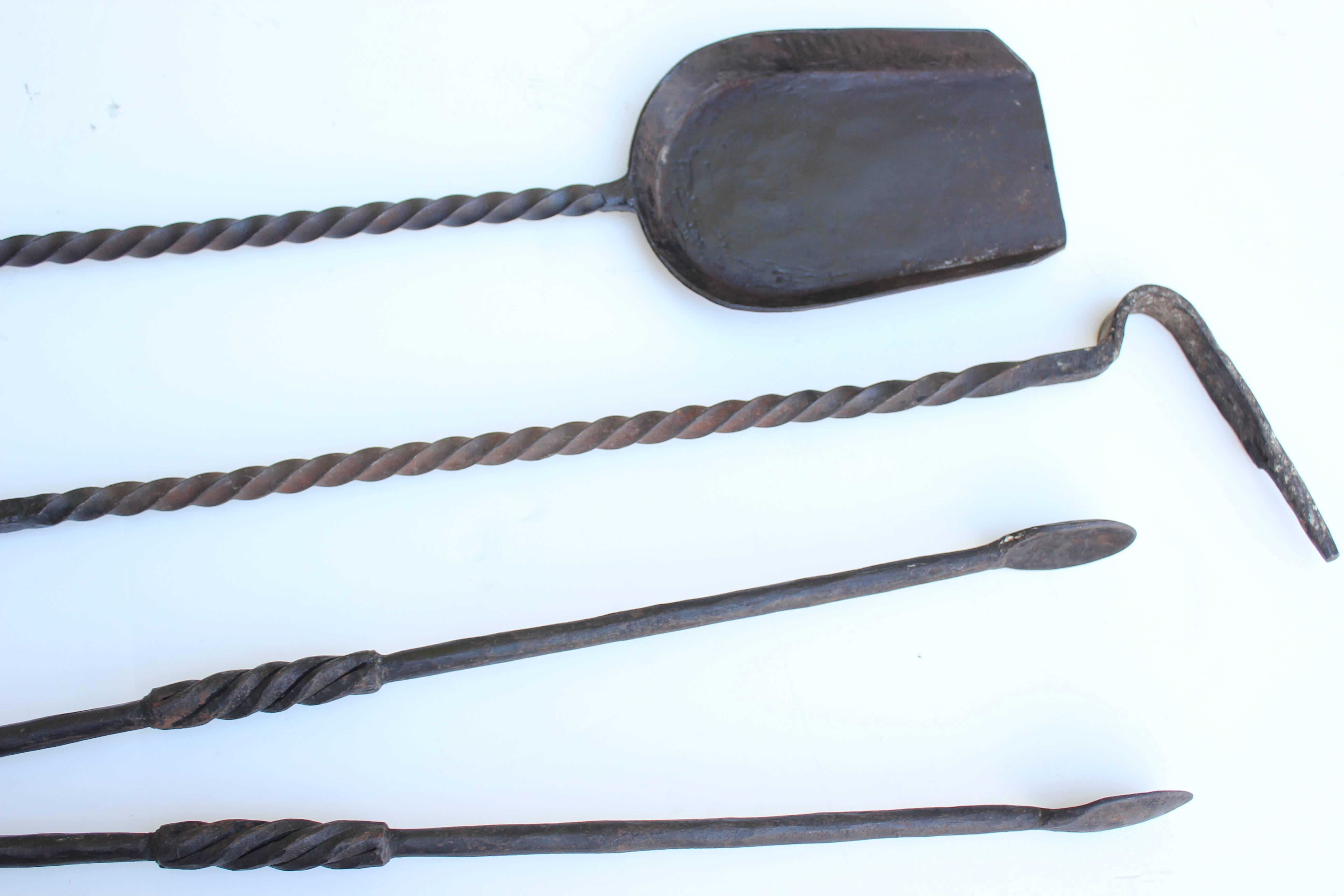 Wrought Iron Large Set of Hand Wrought Fireplace Tools