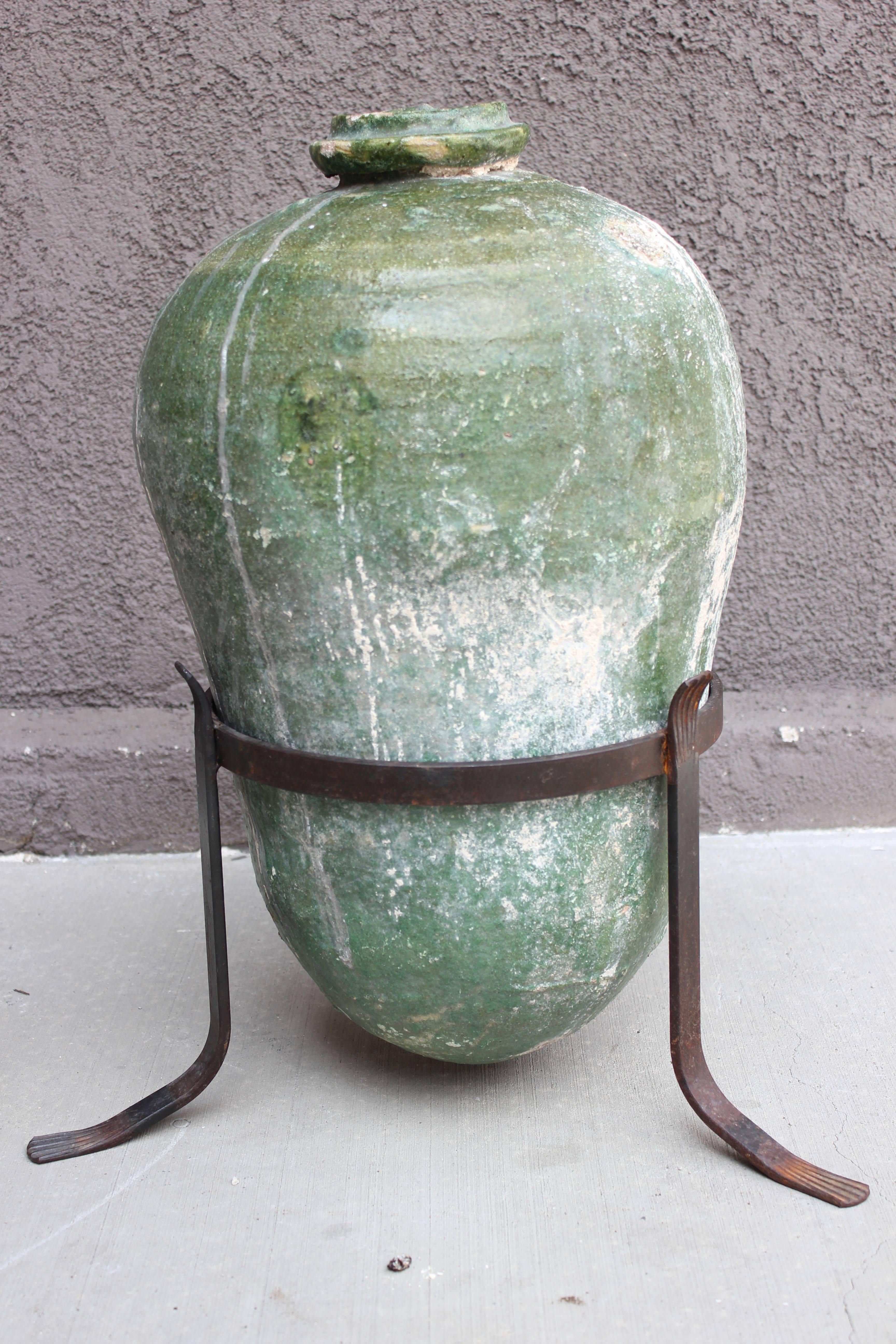 Pair of 17th Century Spanish Urns with Wrought Iron Stands In Good Condition In Los Angeles, CA