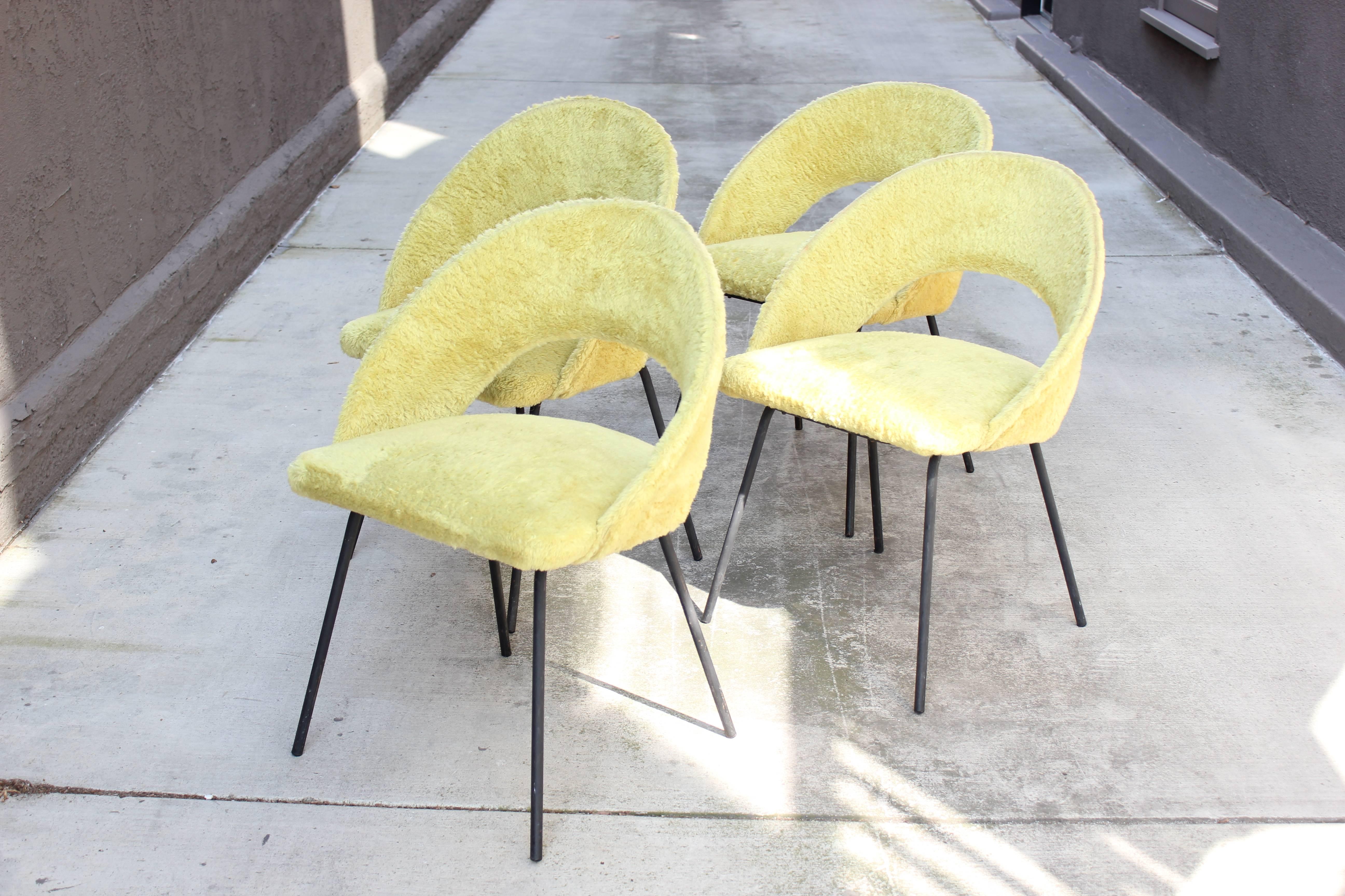 Set of Four French 1950s Chairs in Original Fleece In Good Condition For Sale In Los Angeles, CA