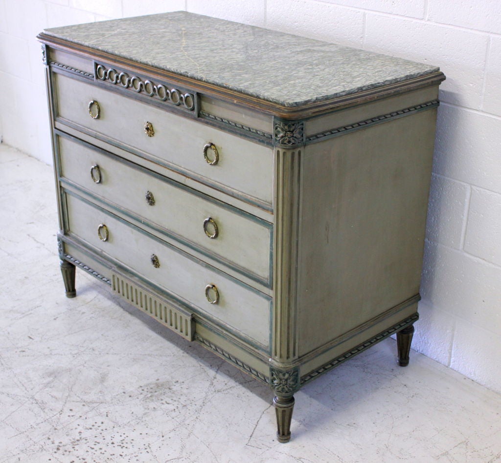Louis XVI style painted cabinet with original marble. Hardware appears to be original.