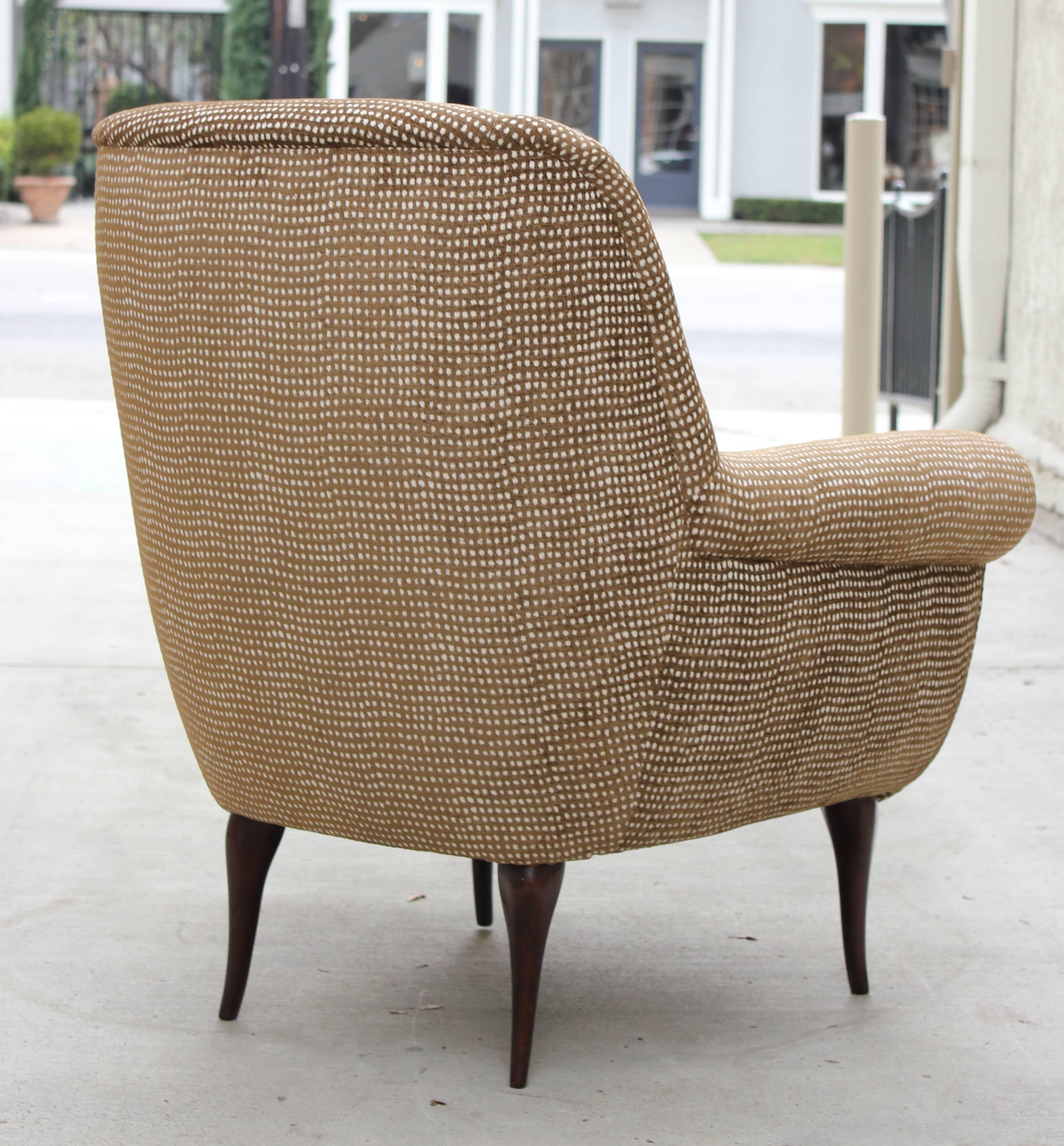 1950s Italian Club Chair with new finish and Chenille Upholstery.   Great Legs and Curved Back.  
