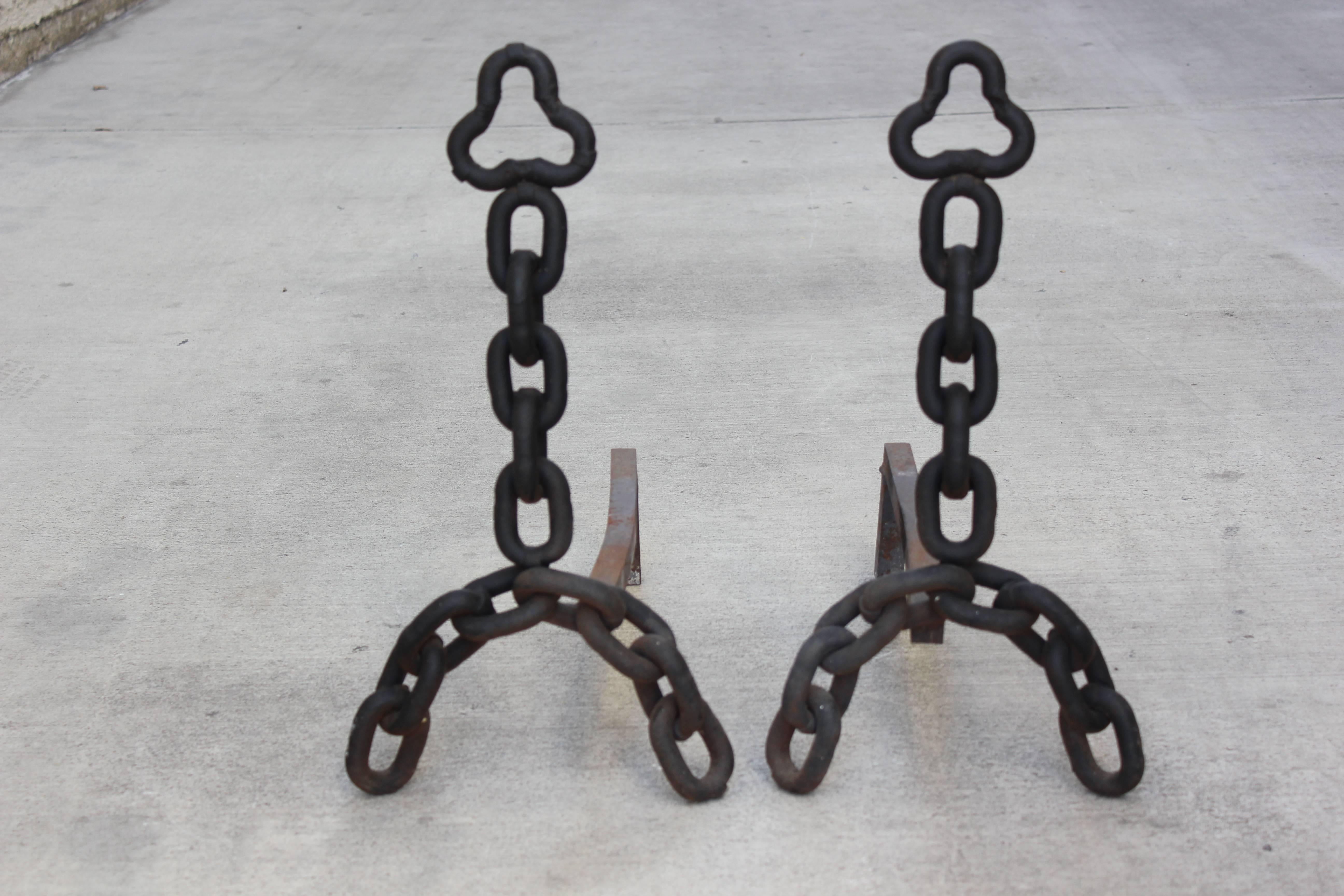 American Unusual Hand-Wrought Iron Andirons For Sale