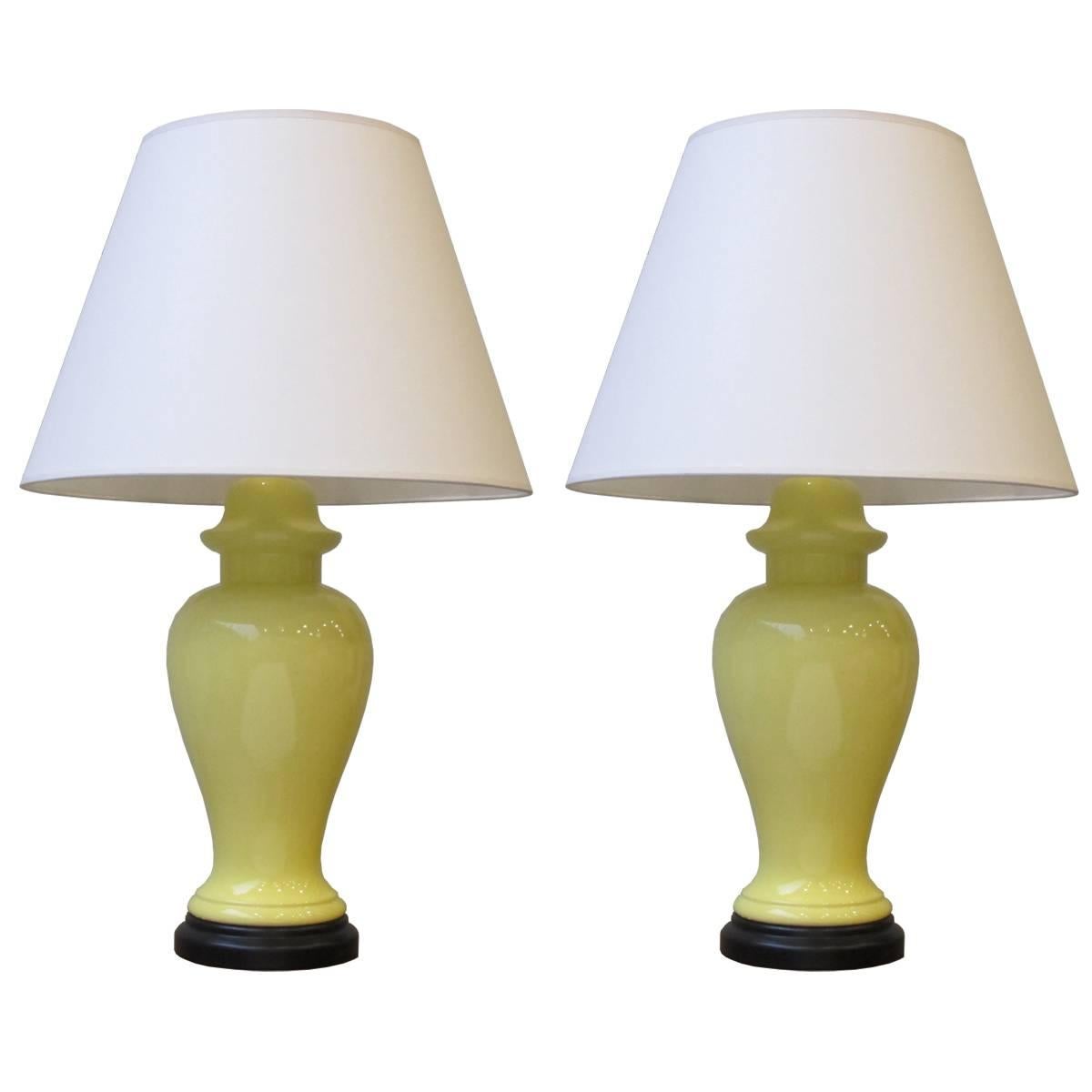 Pair of Yellow Porcelain Ginger Jar Lamps For Sale