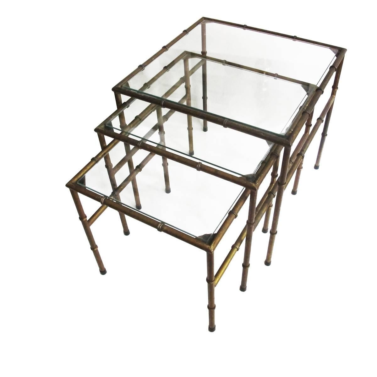 Hollywood Regency Set of Iron Faux Bamboo Nesting Tables For Sale