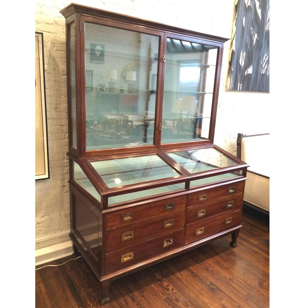Large mahogany display case. Overall dimensions below. Upper cabinet measures 10