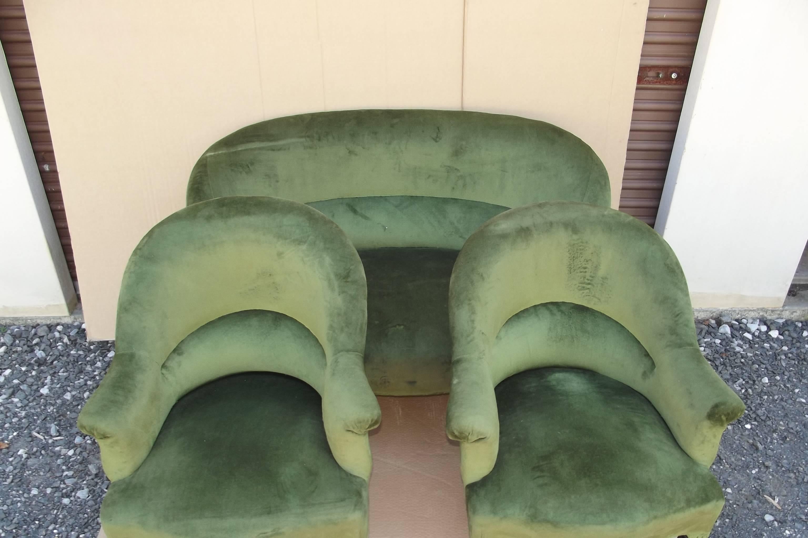 A three piece period Napoleon III salon set consisting of a pair of armchairs and a settee.  The set is in good as found condition with usable upholstery but should be reupholstered.  The dimensions below are for the settee, the dimensions for the