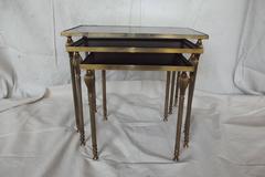 Set of Three Brass-Framed Stacking Tables with Black Mirror Tops