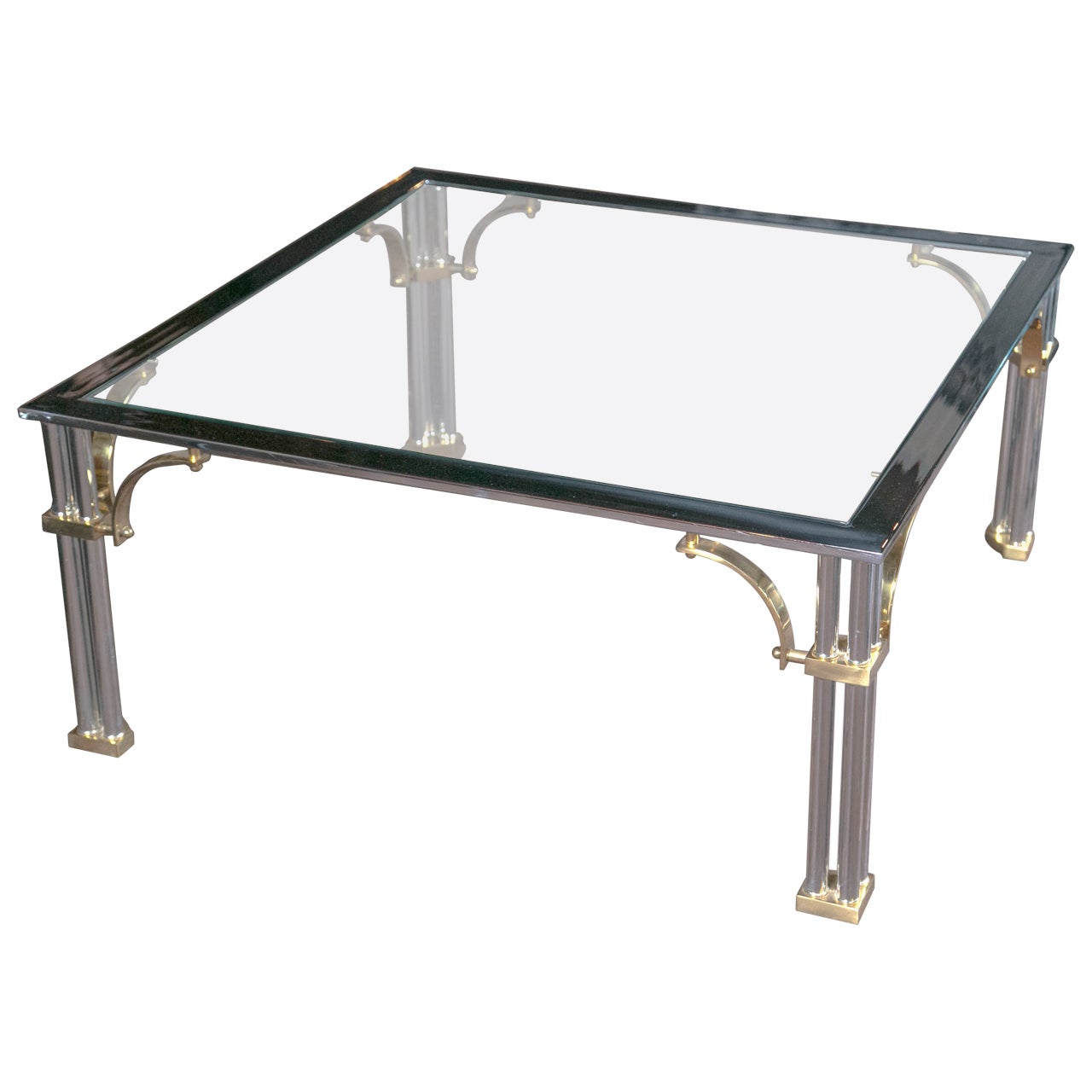 Chrome and Brass Square Fretwork Coffee Table For Sale