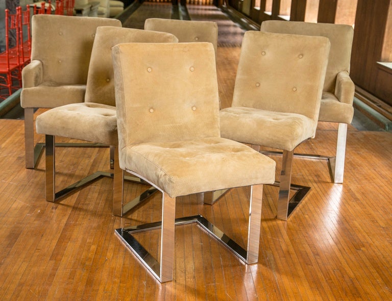Set of six suede Paul Evans dining chairs with chromed steel cantilevered base. Two armchairs. Four side chairs. By Directional.
Side chairs are 19