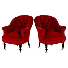 Pareja de sillones franceses de terciopelo rojo con respaldo de botones