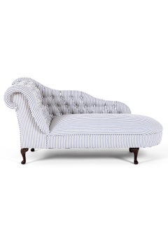 Chaise longue francesa antigua con respaldo de botones profundos y tapizado a rayas