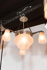 Three-Arm French Art Deco Chandelier with Frosted Glass Foliate Detailed Shades