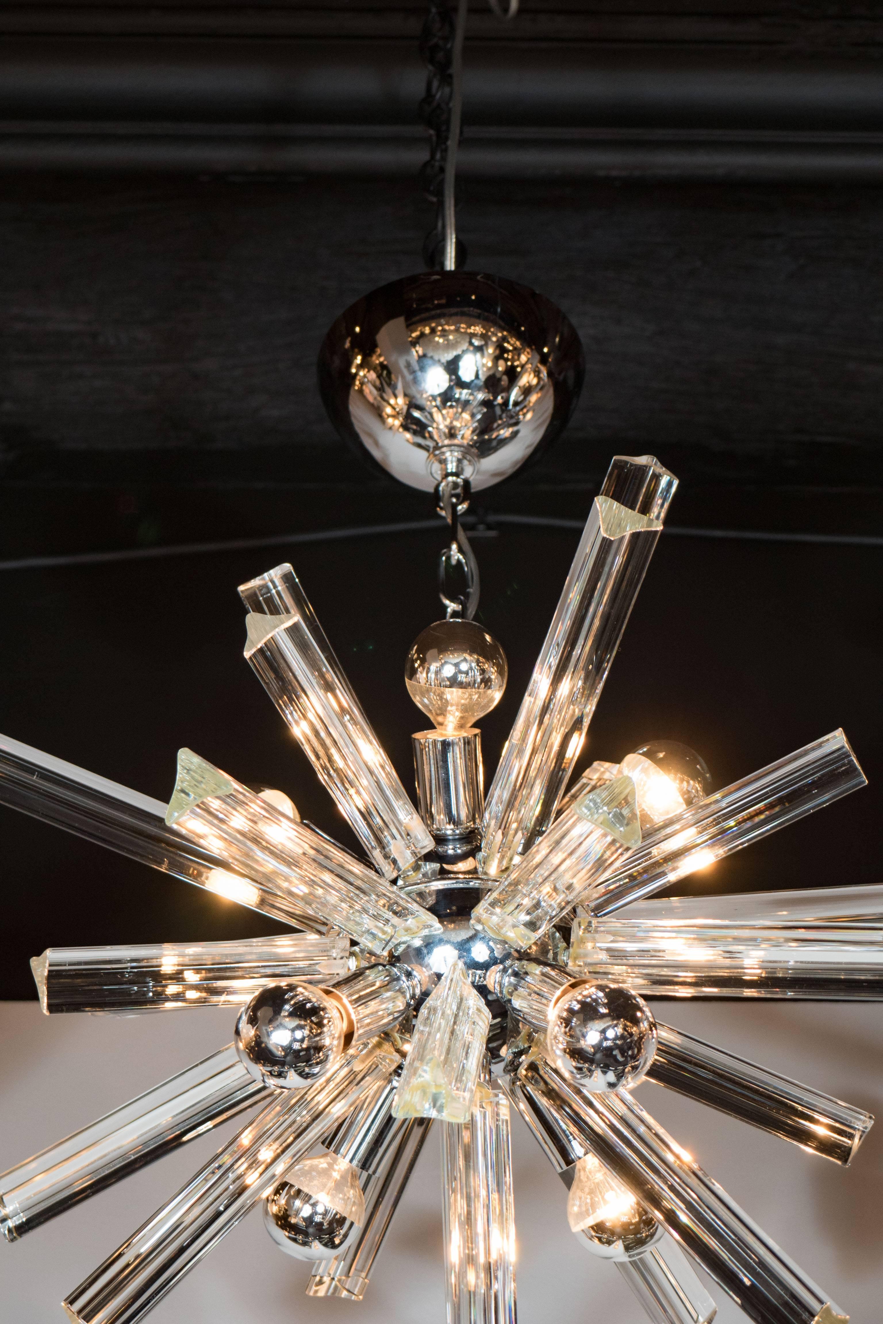 Mid-Century Modern Sputnik Chrome Chandelier with Murano Triedre Rods by Camer In Excellent Condition In New York, NY