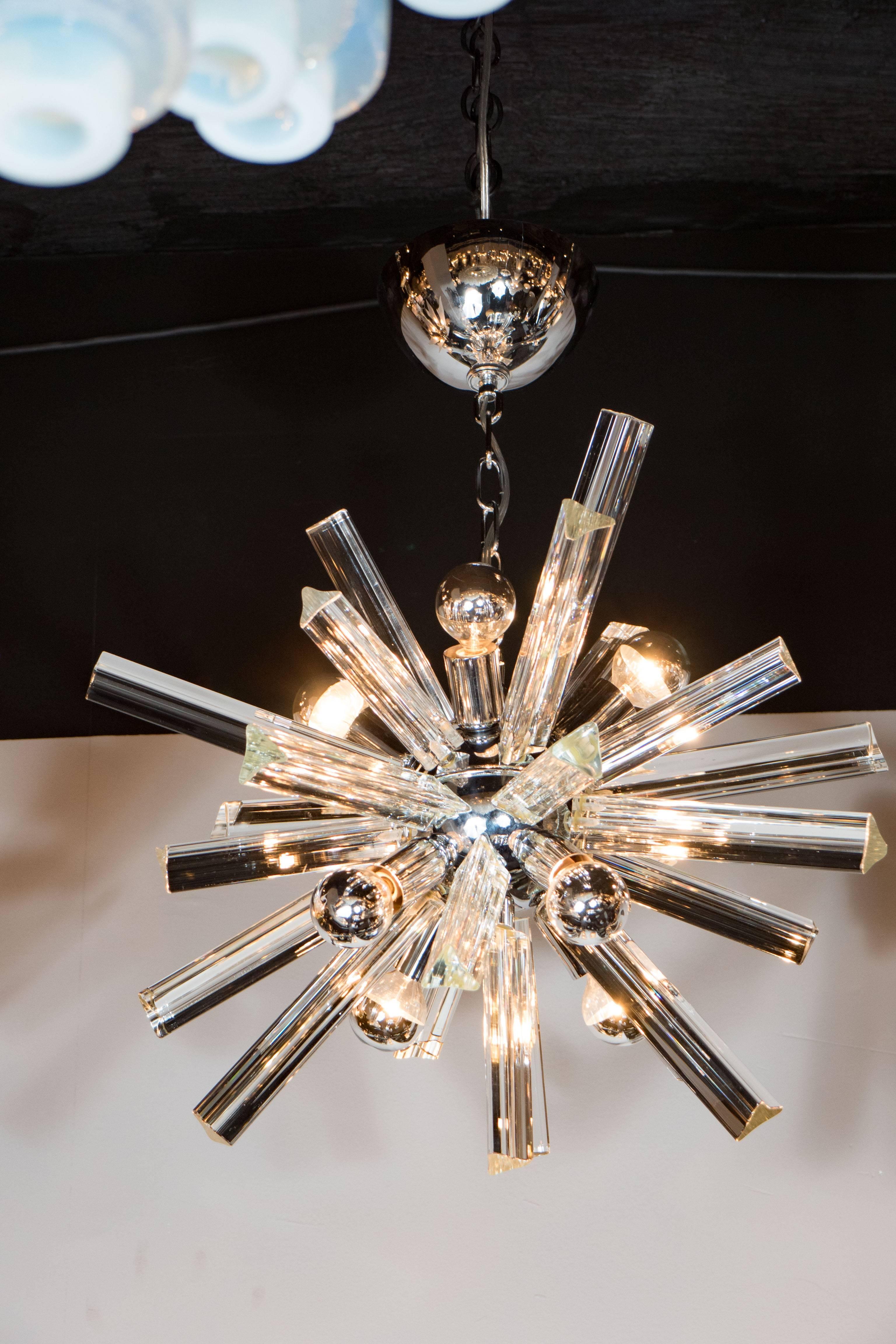 Late 20th Century Mid-Century Modern Sputnik Chrome Chandelier with Murano Triedre Rods by Camer