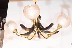 Mid-Century Modernist Five Globe Chandelier in Brass and Ebonized Walnut