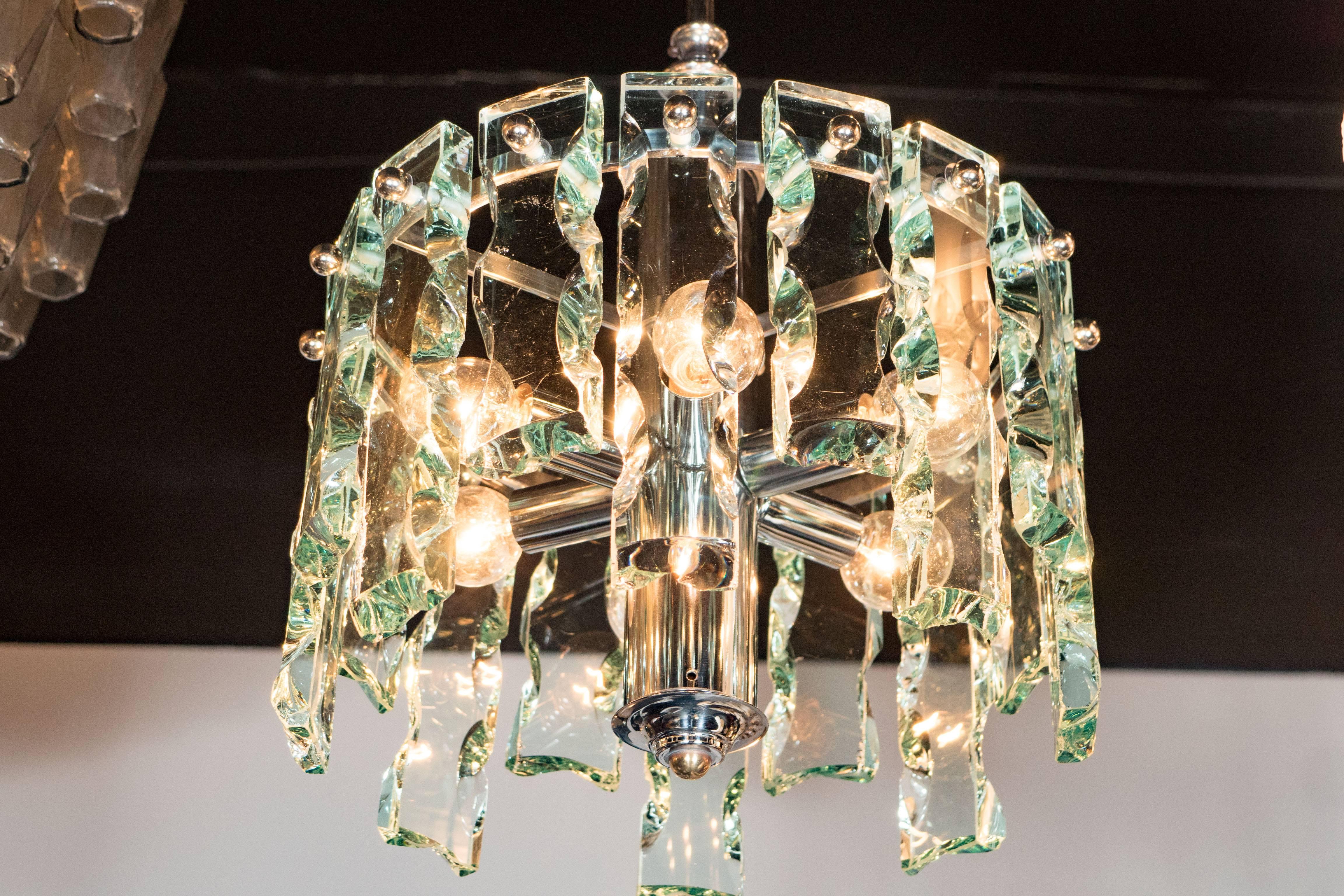 Mid-Century Modernist Chiseled Glass Chandelier, Style of Fontana Arte In Excellent Condition In New York, NY