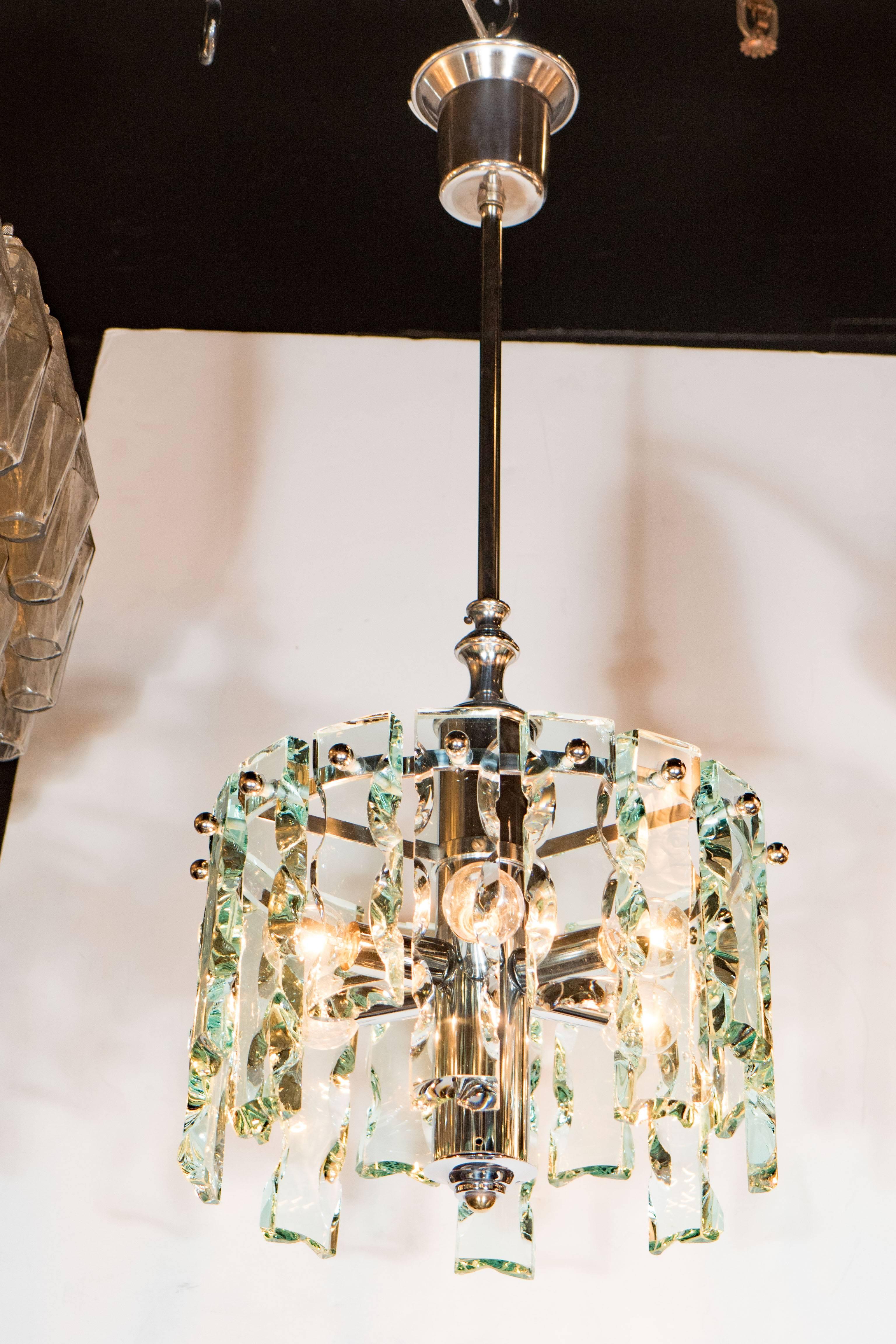 Mid-Century Modernist Chiseled Glass Chandelier, Style of Fontana Arte 1