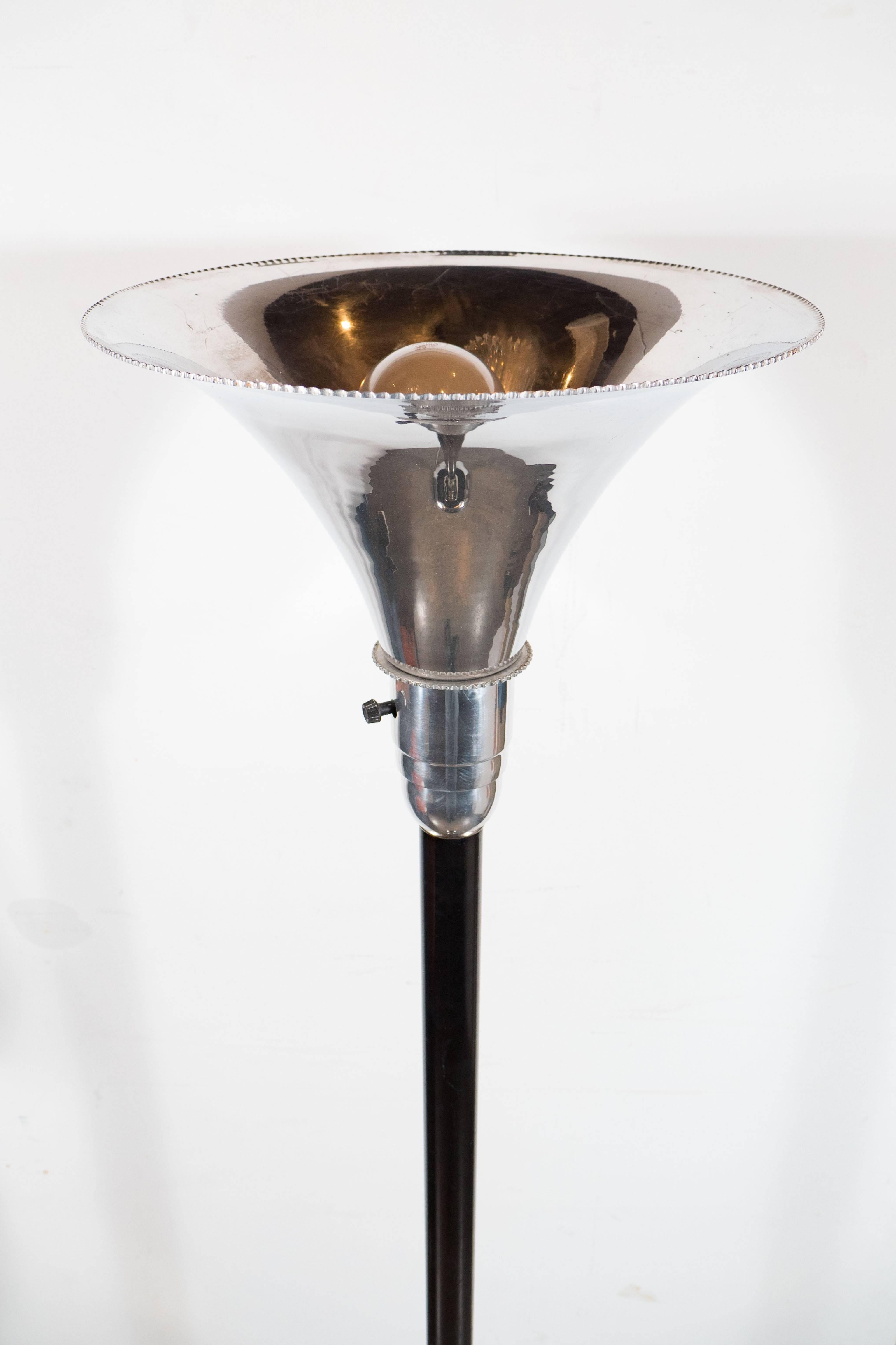 American Art Deco Machine Age Torchiere in Polished Aluminum and Black Enamel