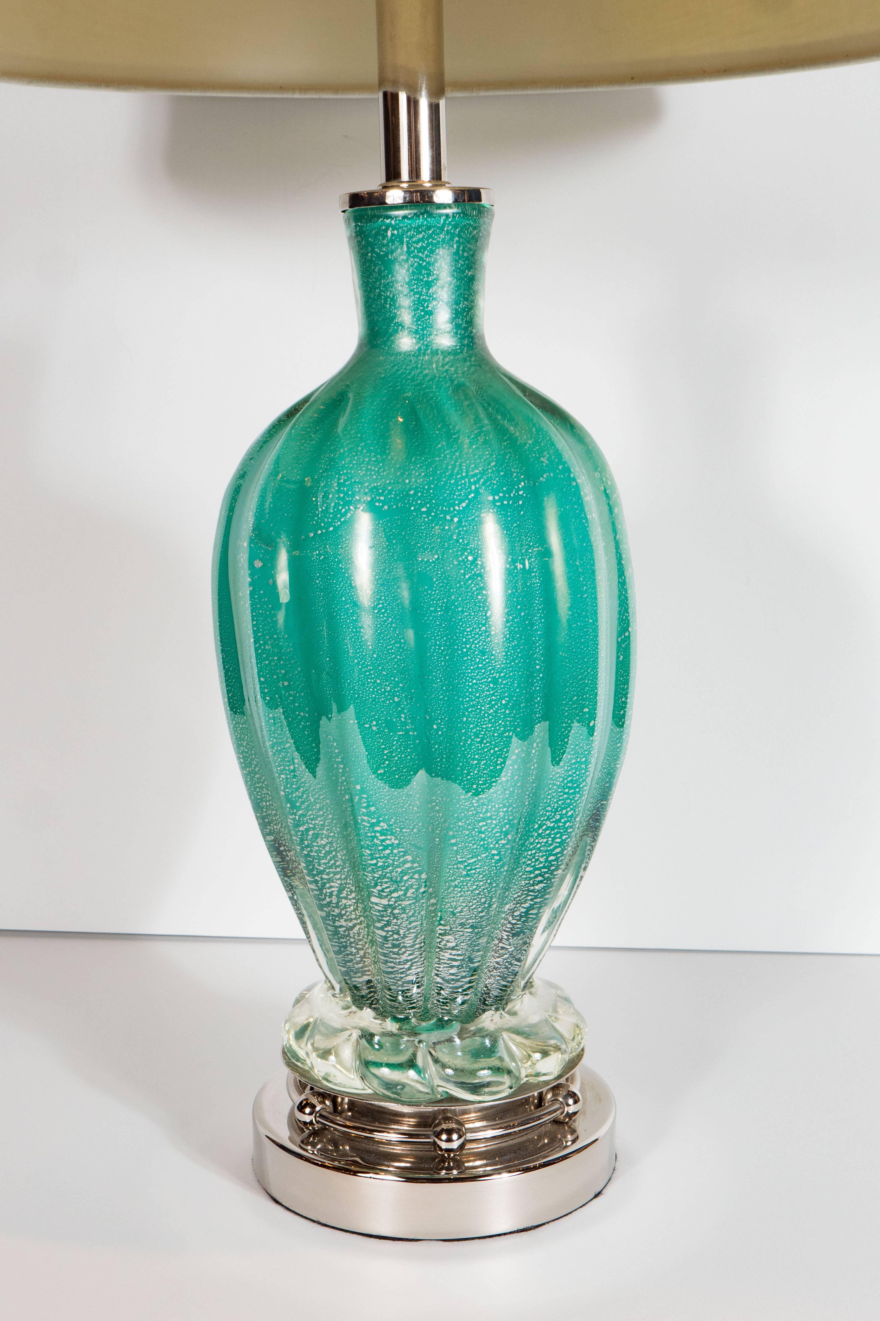 Mid-Century Modernist Turquoise Murano Glass Table Lamp with Nickel Fittings In Excellent Condition For Sale In New York, NY