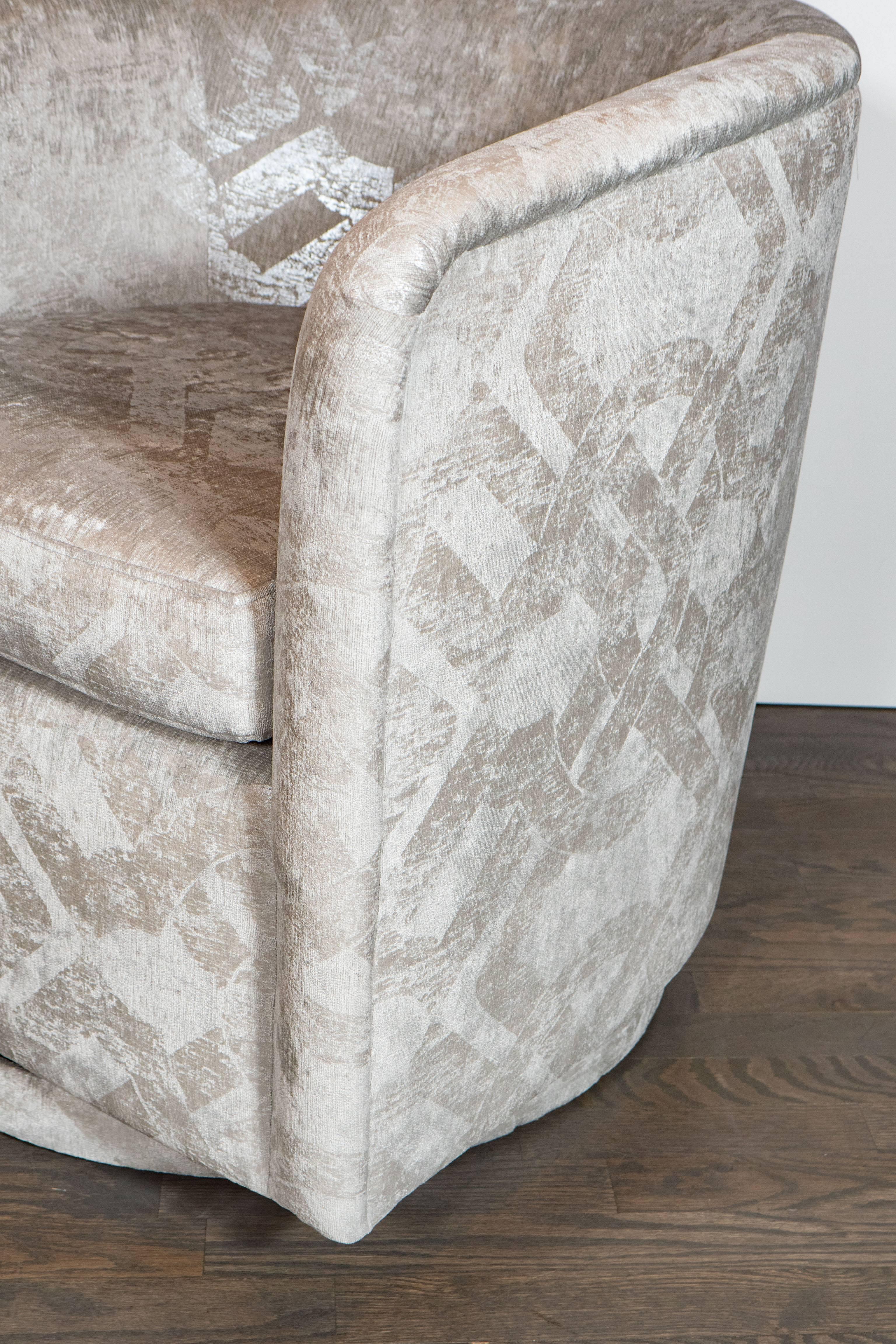 Mid-Century Modern Milo Baughman Swivel Chair in Embossed Pearl and Metallic Platinum Velvet