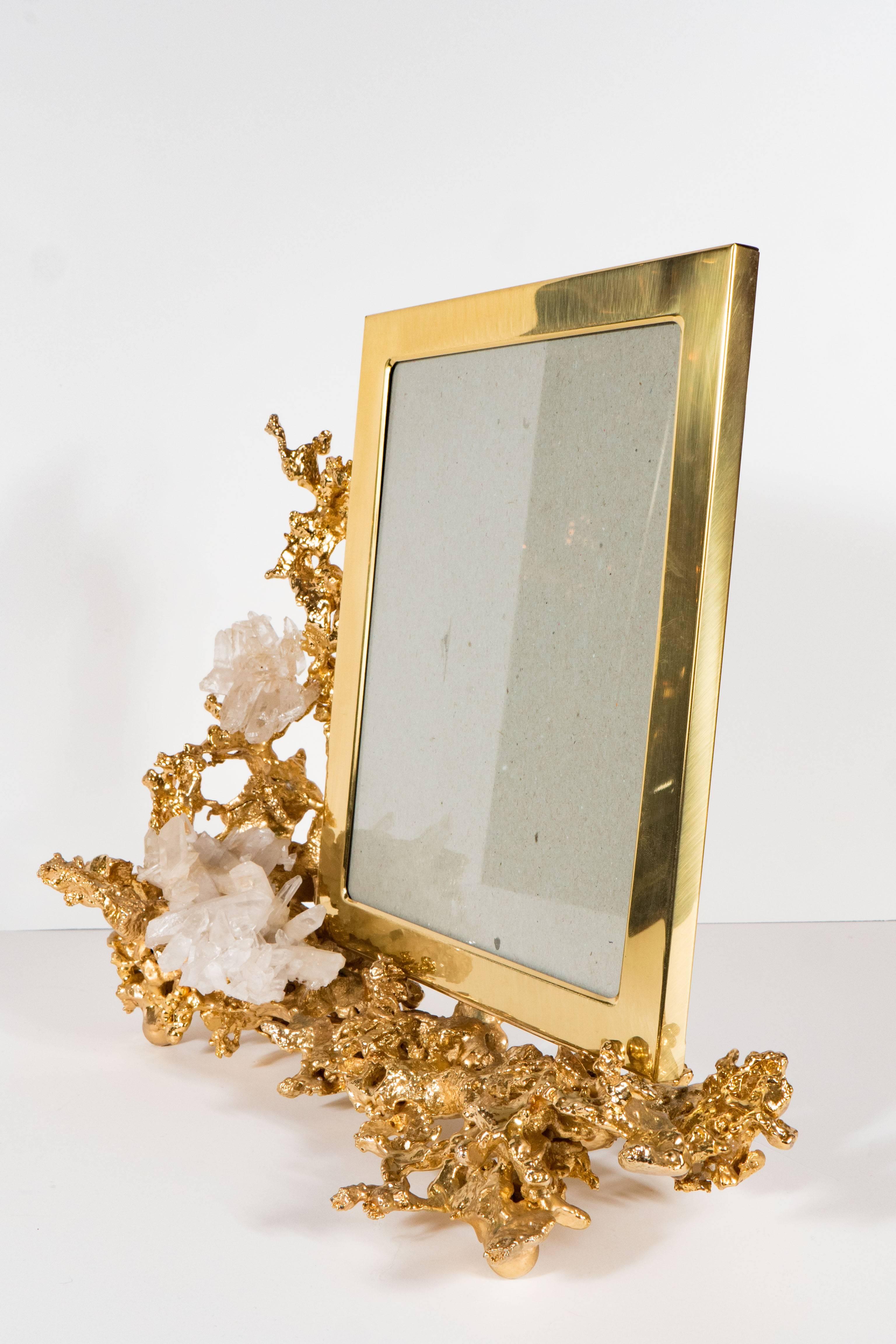 Mid-Century Modern Gorgeous Picture Frame by Claude Boeltz in Gilded Bronze and Rock Crystal