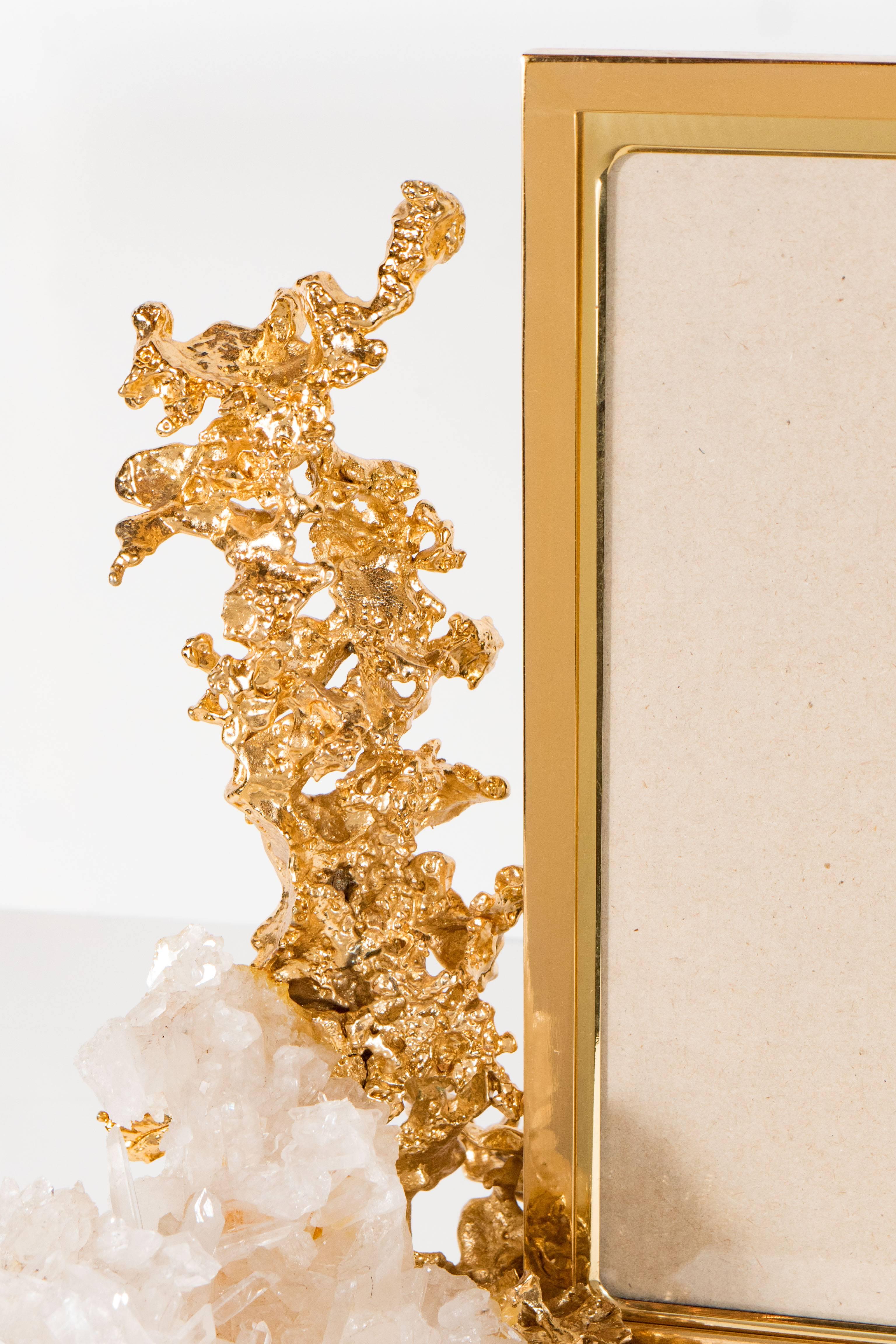 Fabulous coral-form picture frame with stand by Claude Victor Boeltz with natural rock crystal prisms. One of the artist's 24-karat gold-plated 