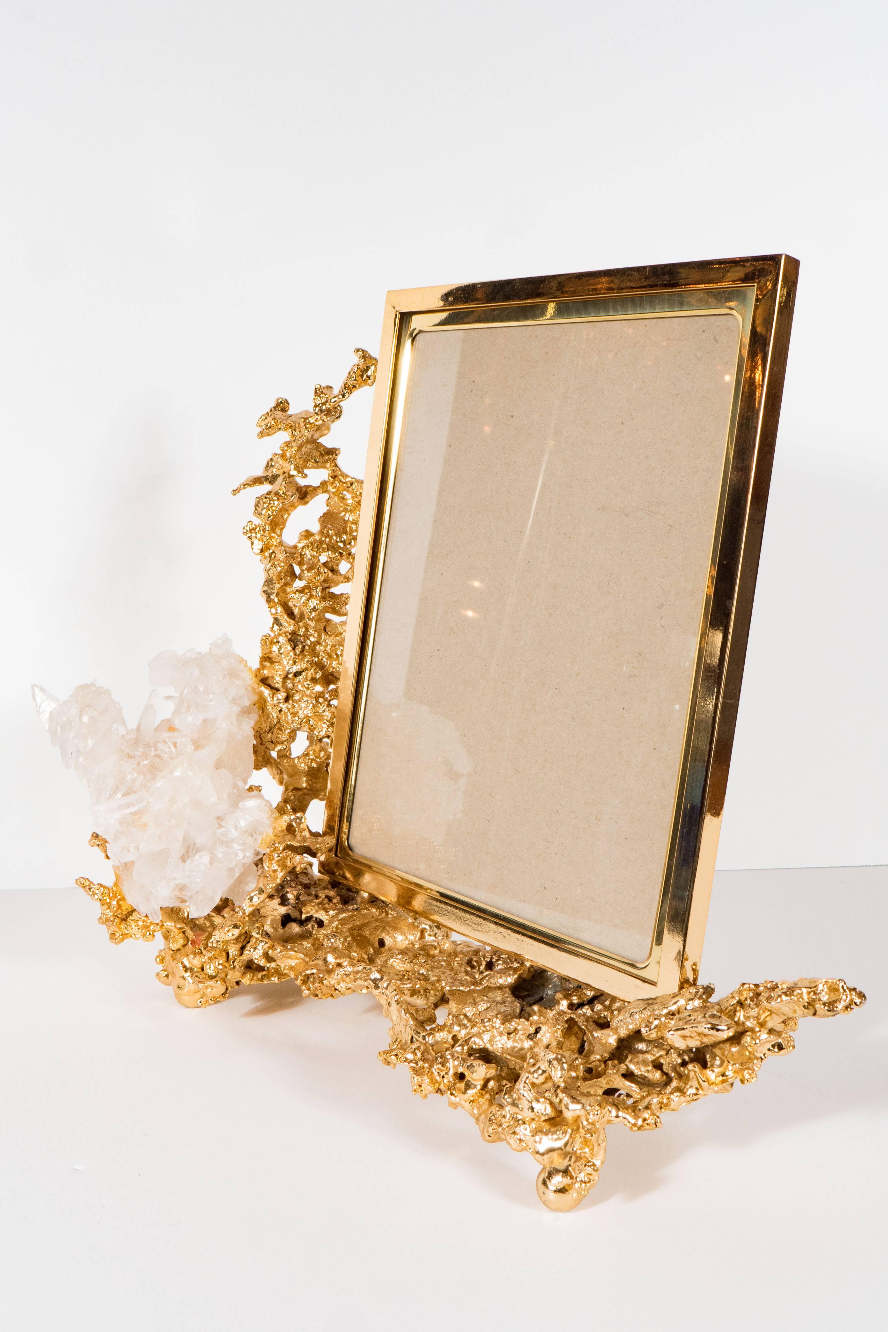 Mid-Century Modern Exquisite Picture Frame by Claude Boeltz in Gilded Bronze and Rock Crystal