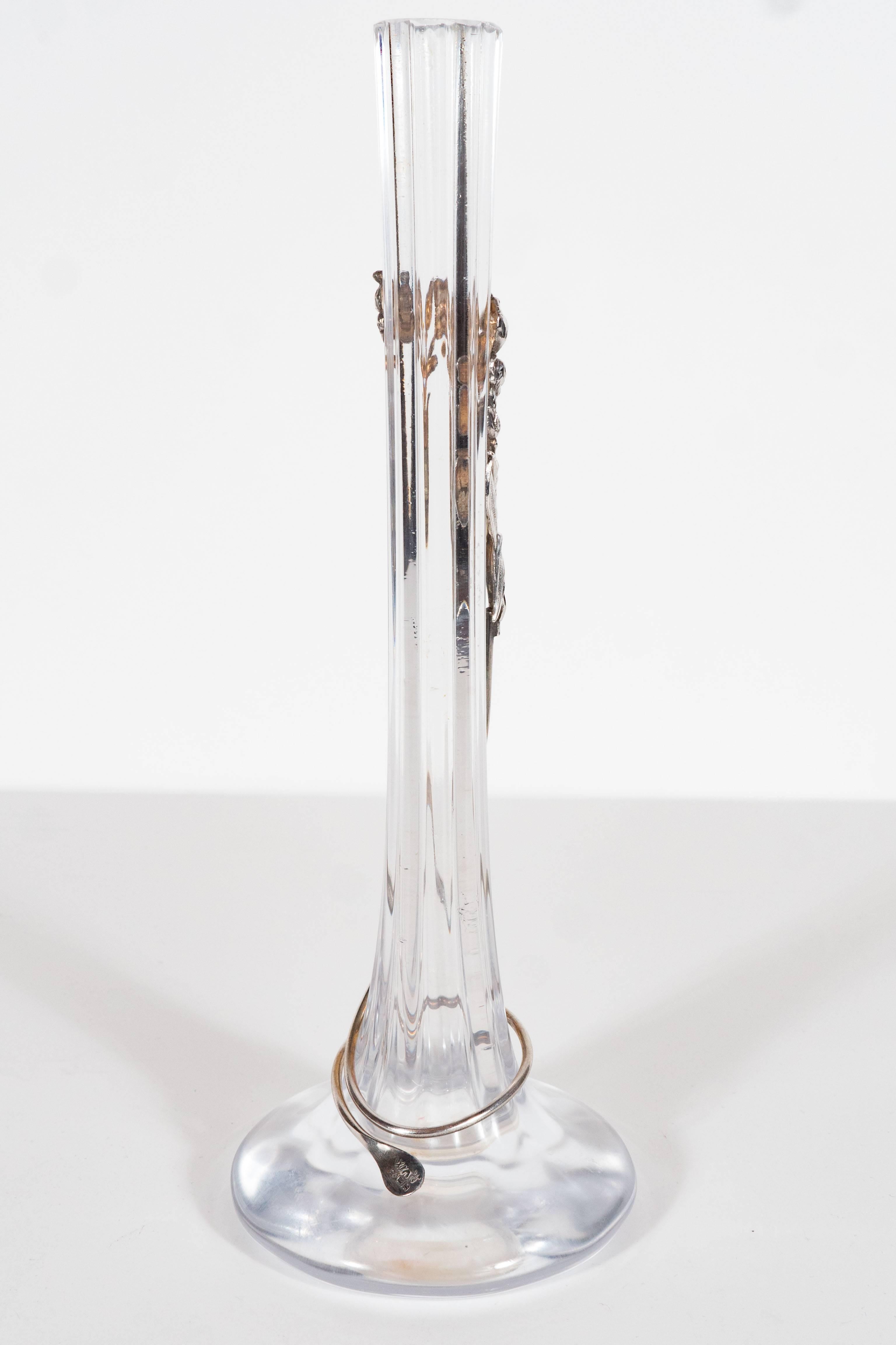 Art Nouveau Glass Bud Vase with Sterling Mount of Scrolling Day Lily In Excellent Condition In New York, NY