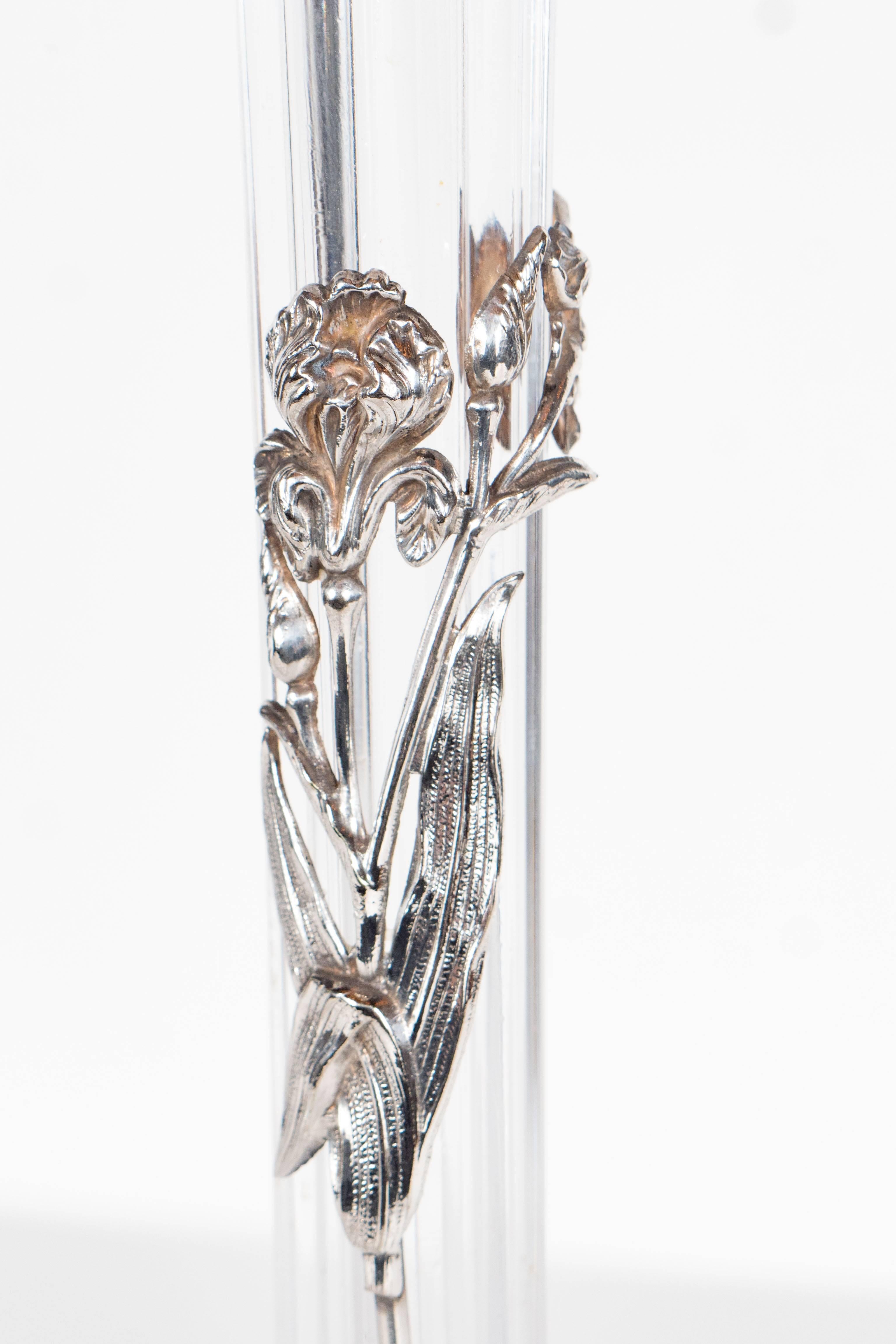 Early 20th Century Art Nouveau Glass Bud Vase with Sterling Mount of Scrolling Day Lily