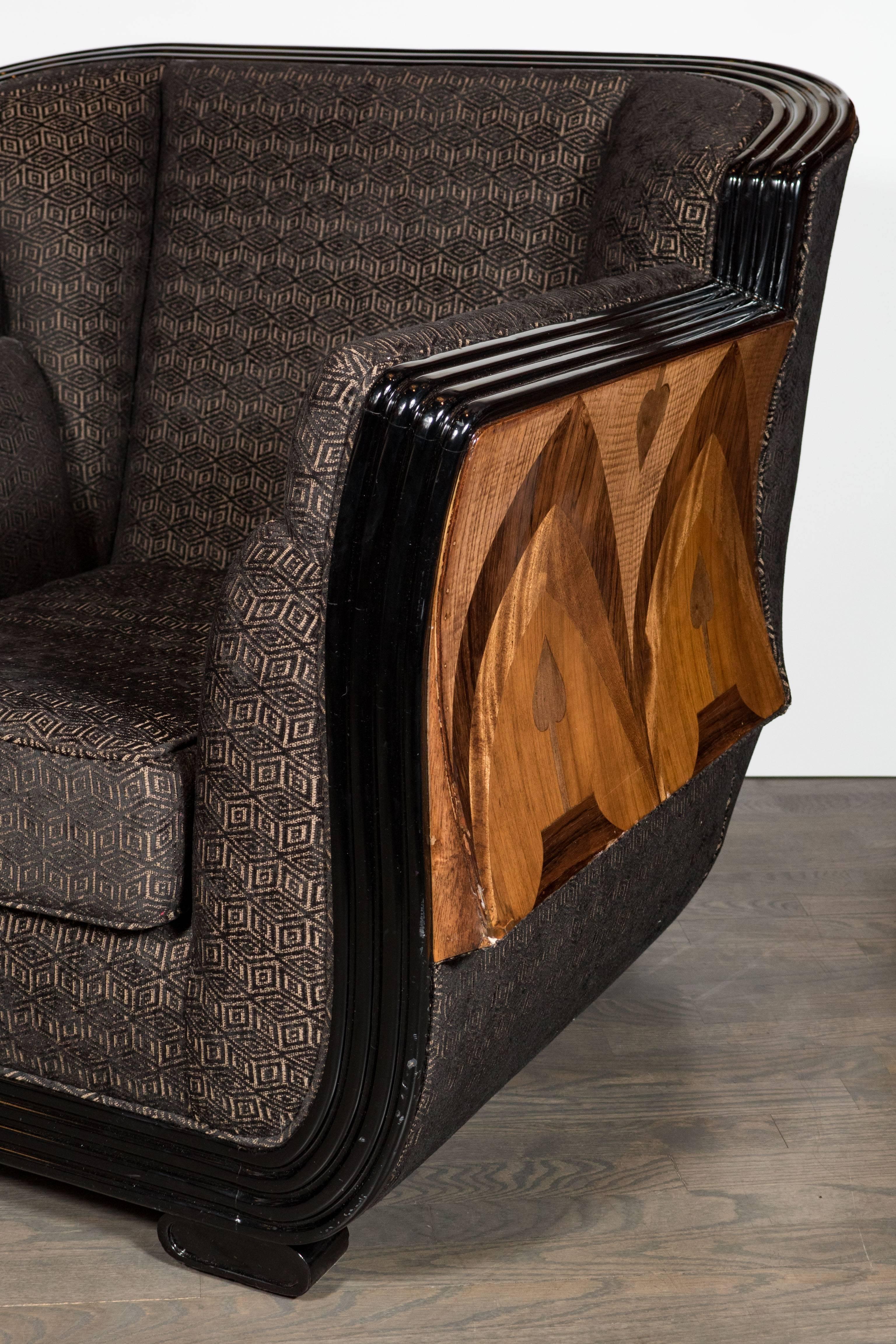Art Deco Club Chair w/ Exotic Elm, Burled Walnut, Mahogany & Black Lacquer In Excellent Condition In New York, NY
