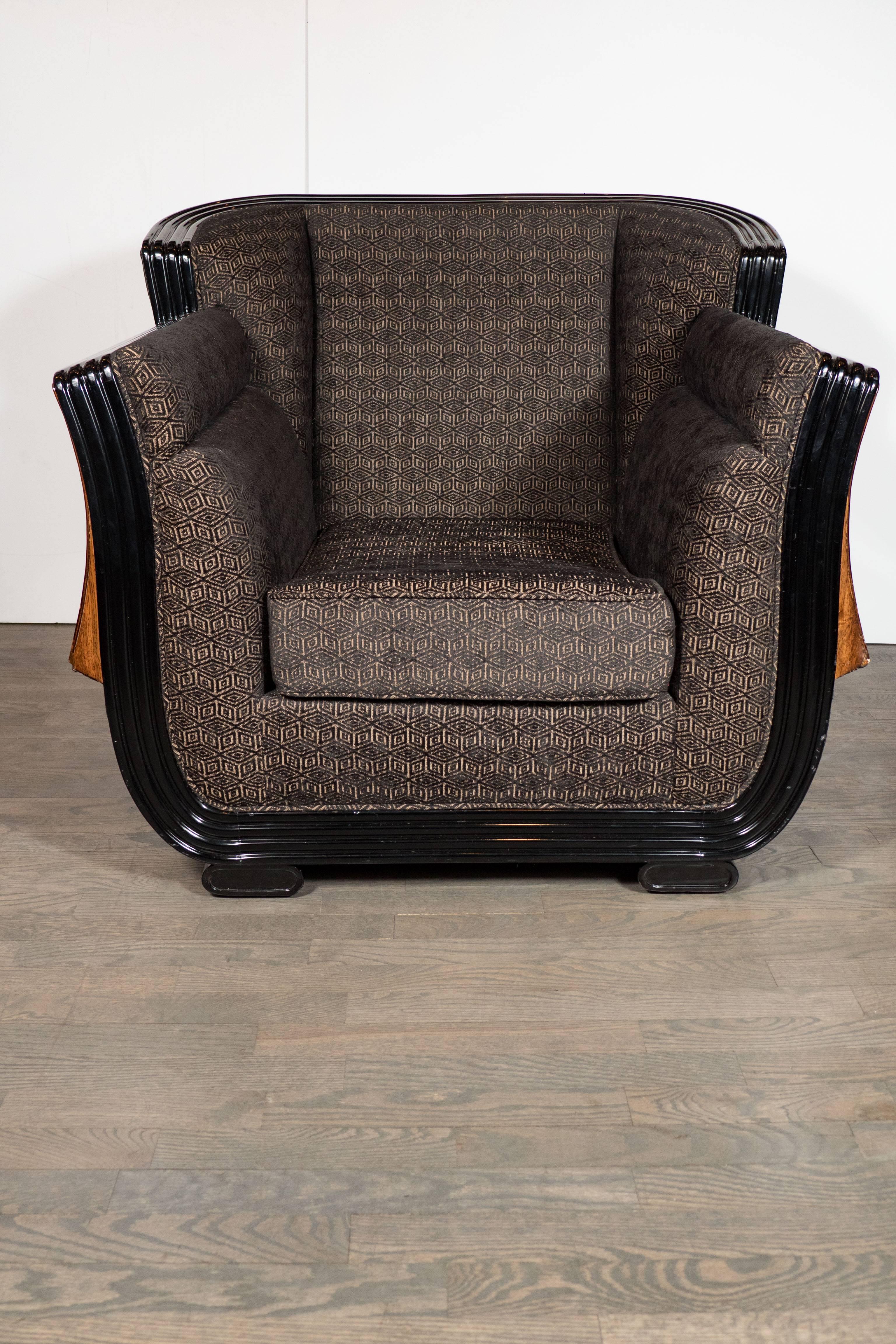 Mid-20th Century Art Deco Club Chair w/ Exotic Elm, Burled Walnut, Mahogany & Black Lacquer