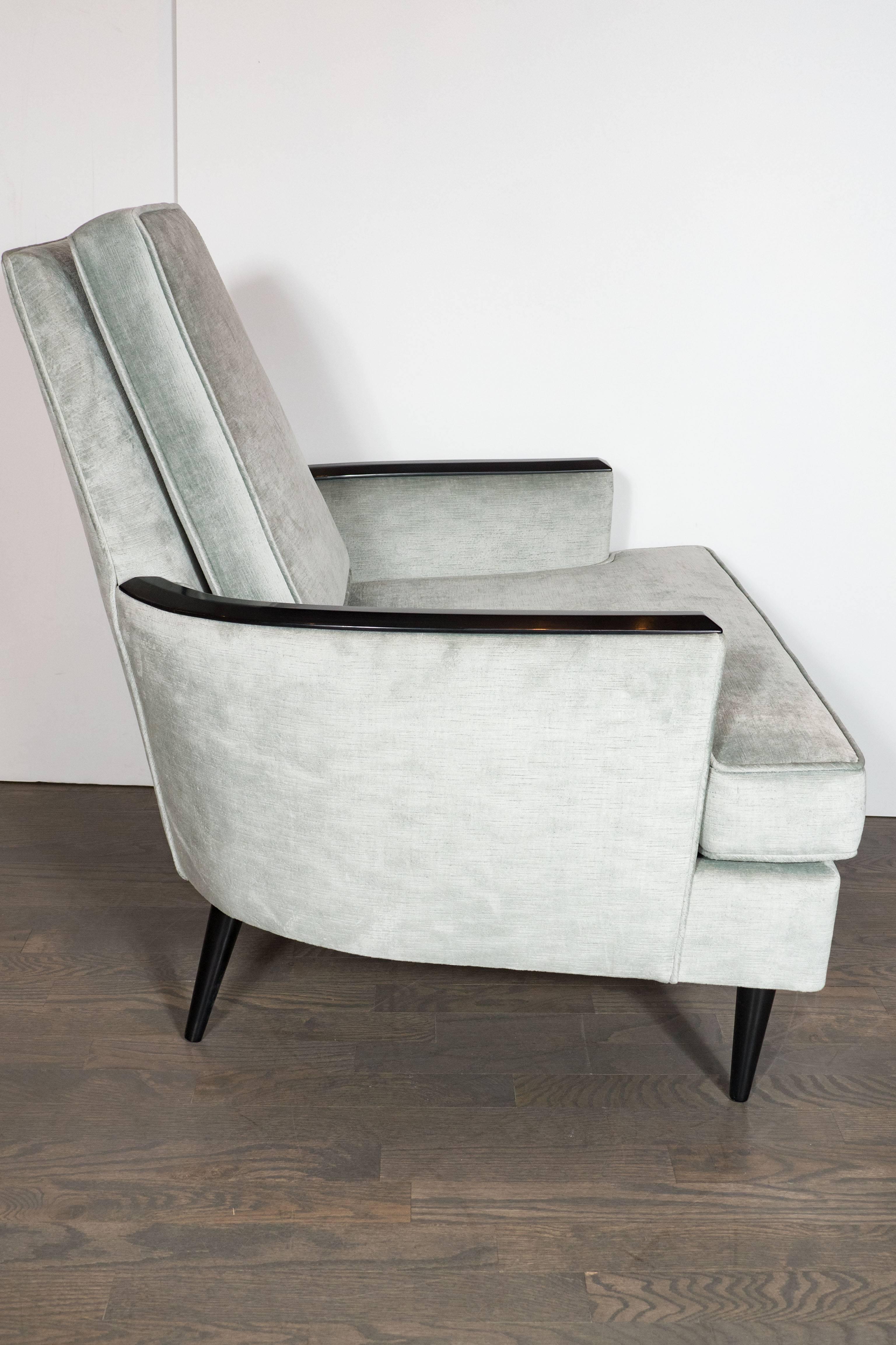 Mid-Century Modern Pair of Mid-Century Armchairs in Smoked Platinum Velvet & Ebonized Walnut