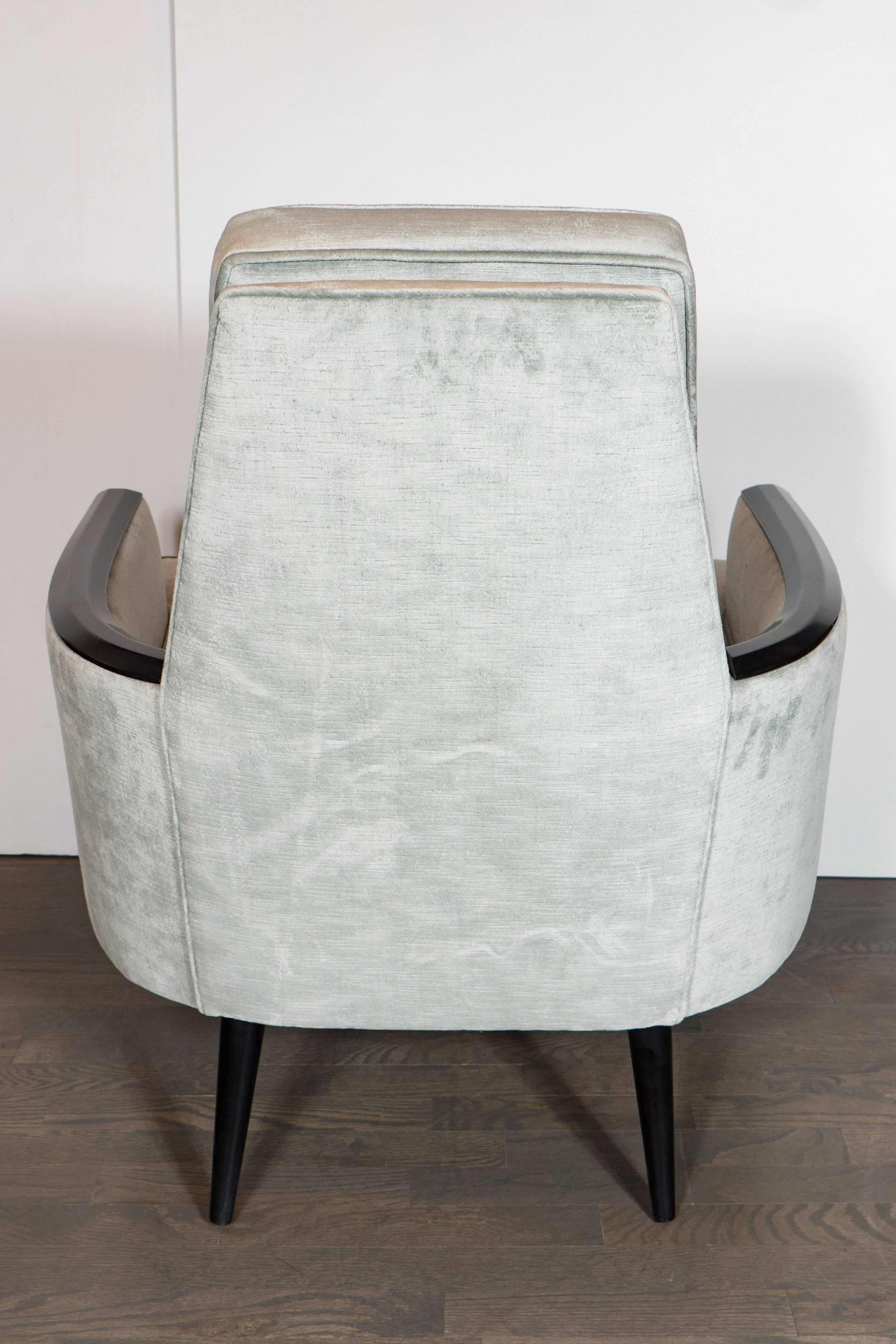 American Pair of Mid-Century Armchairs in Smoked Platinum Velvet & Ebonized Walnut