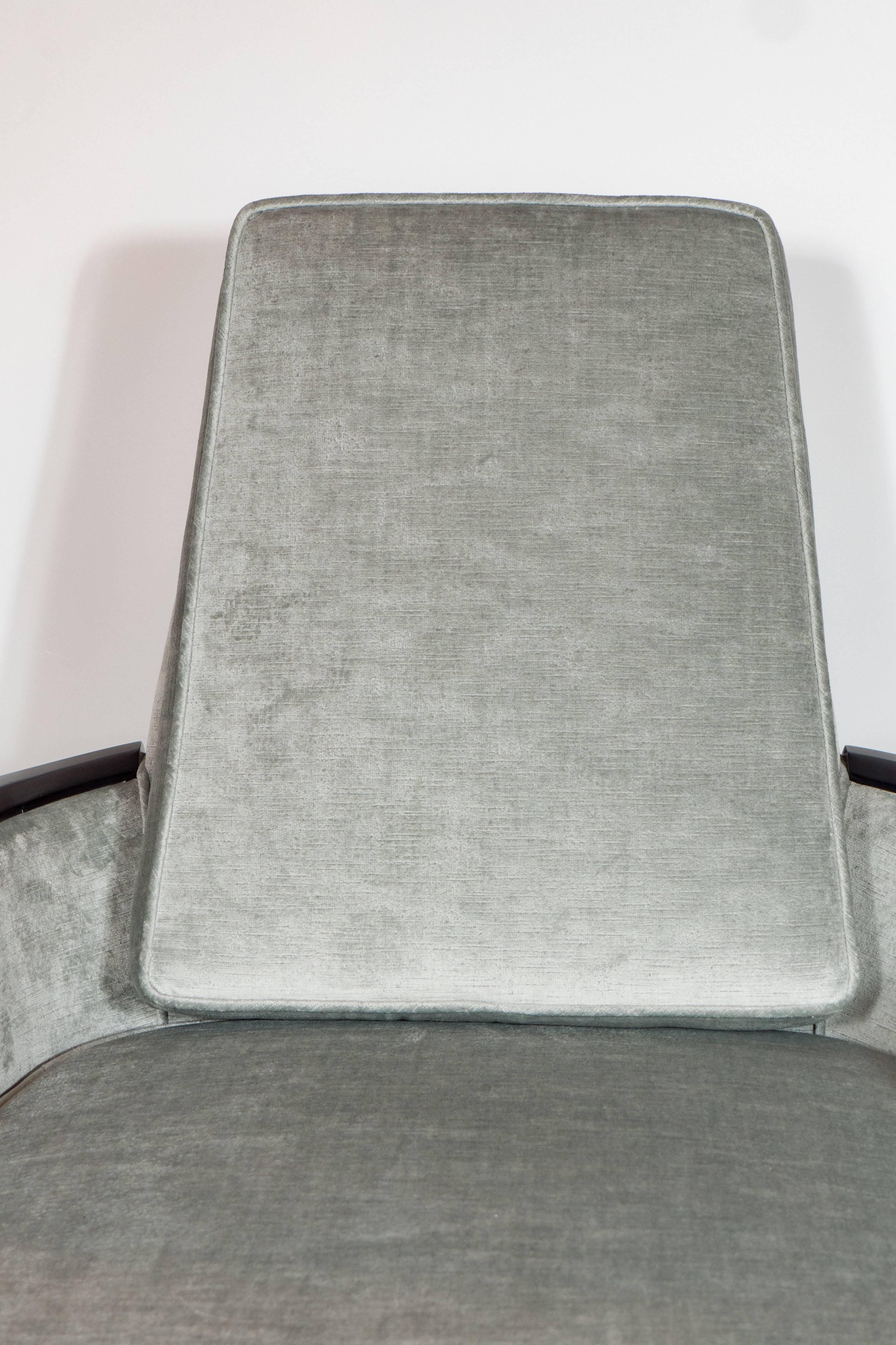 Mid-20th Century Pair of Mid-Century Armchairs in Smoked Platinum Velvet & Ebonized Walnut