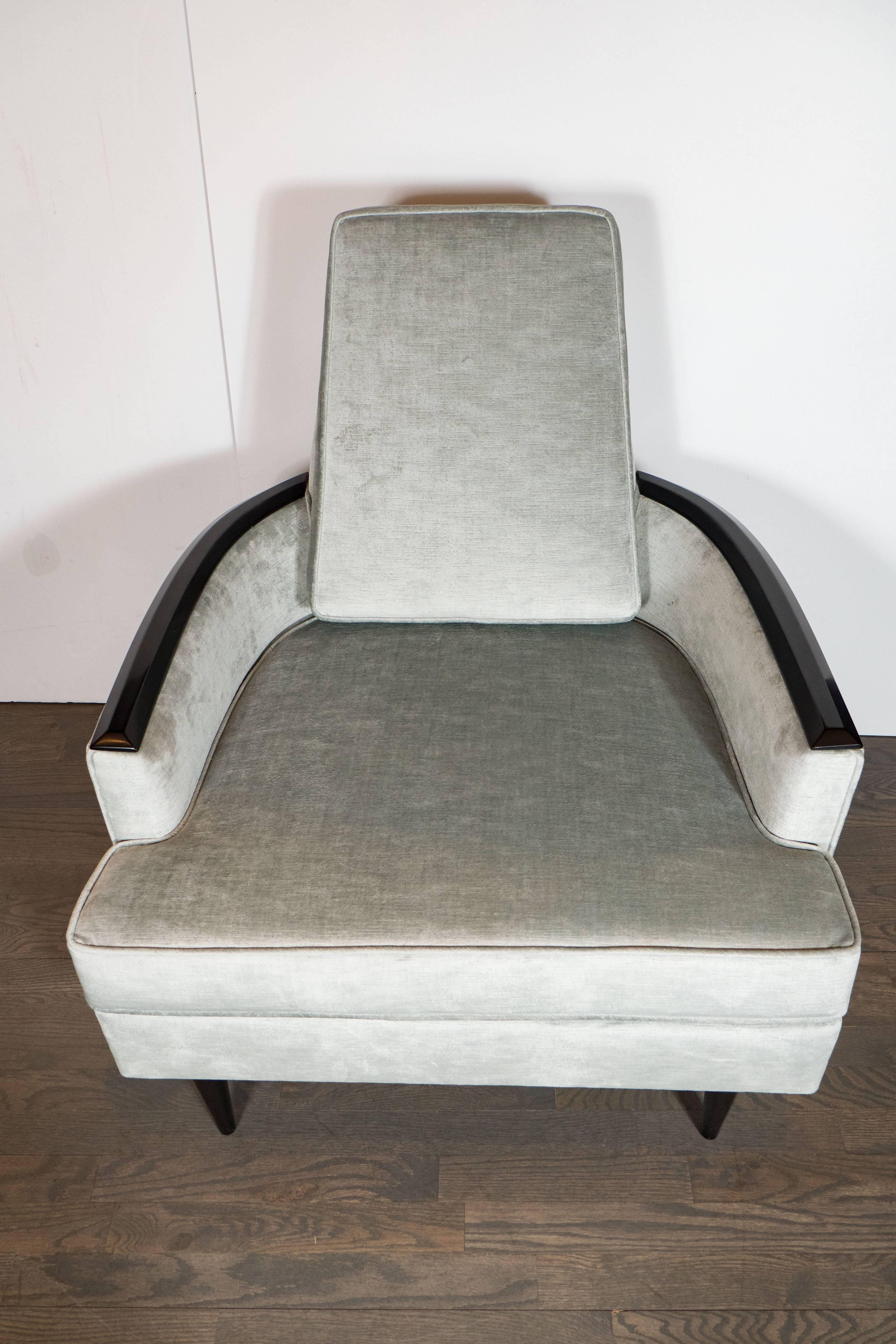 Pair of Mid-Century Armchairs in Smoked Platinum Velvet & Ebonized Walnut 1