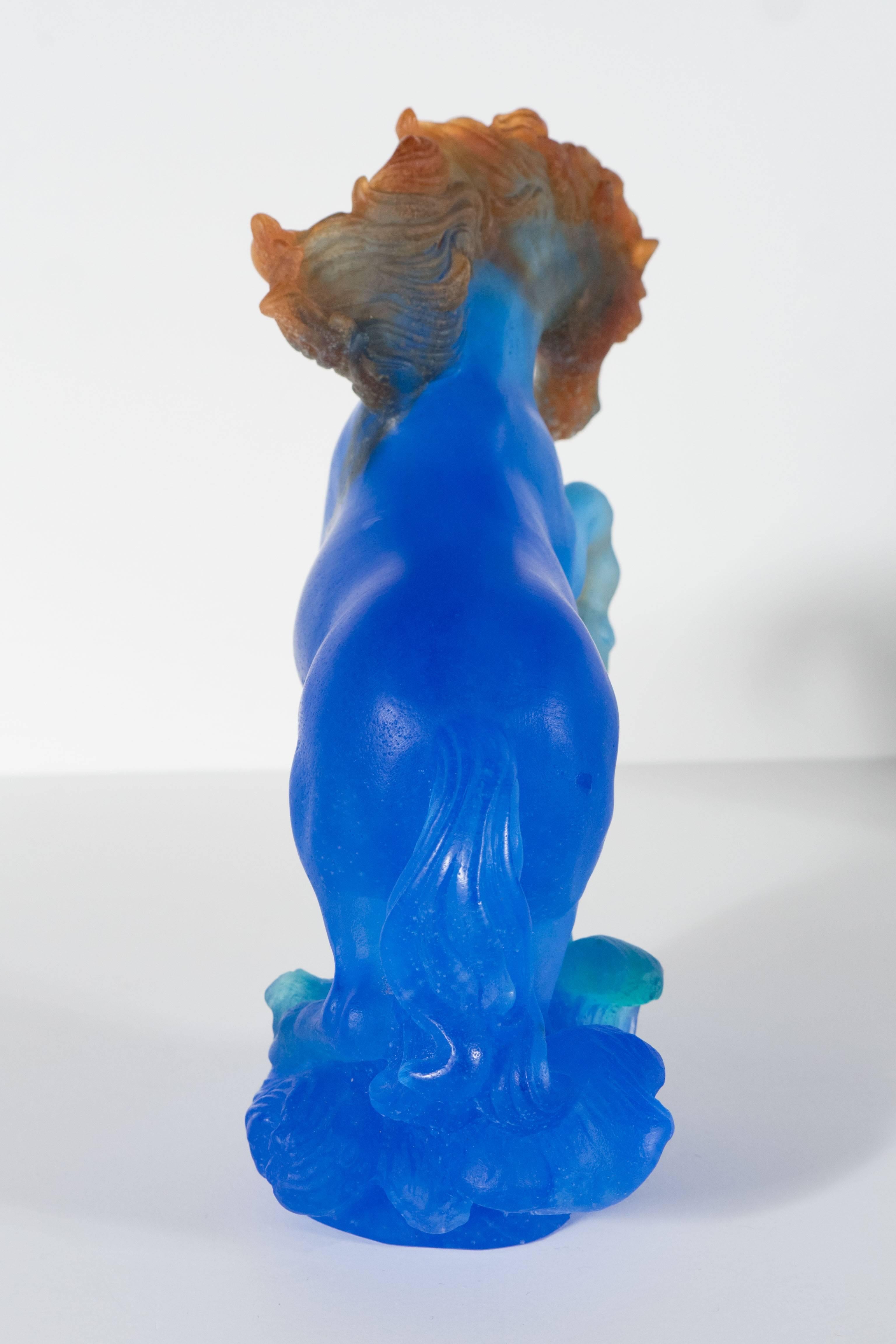 Modern Daum Pate De Verre Art Glass Stallion in Royal Blue with Crimson and Green Hues