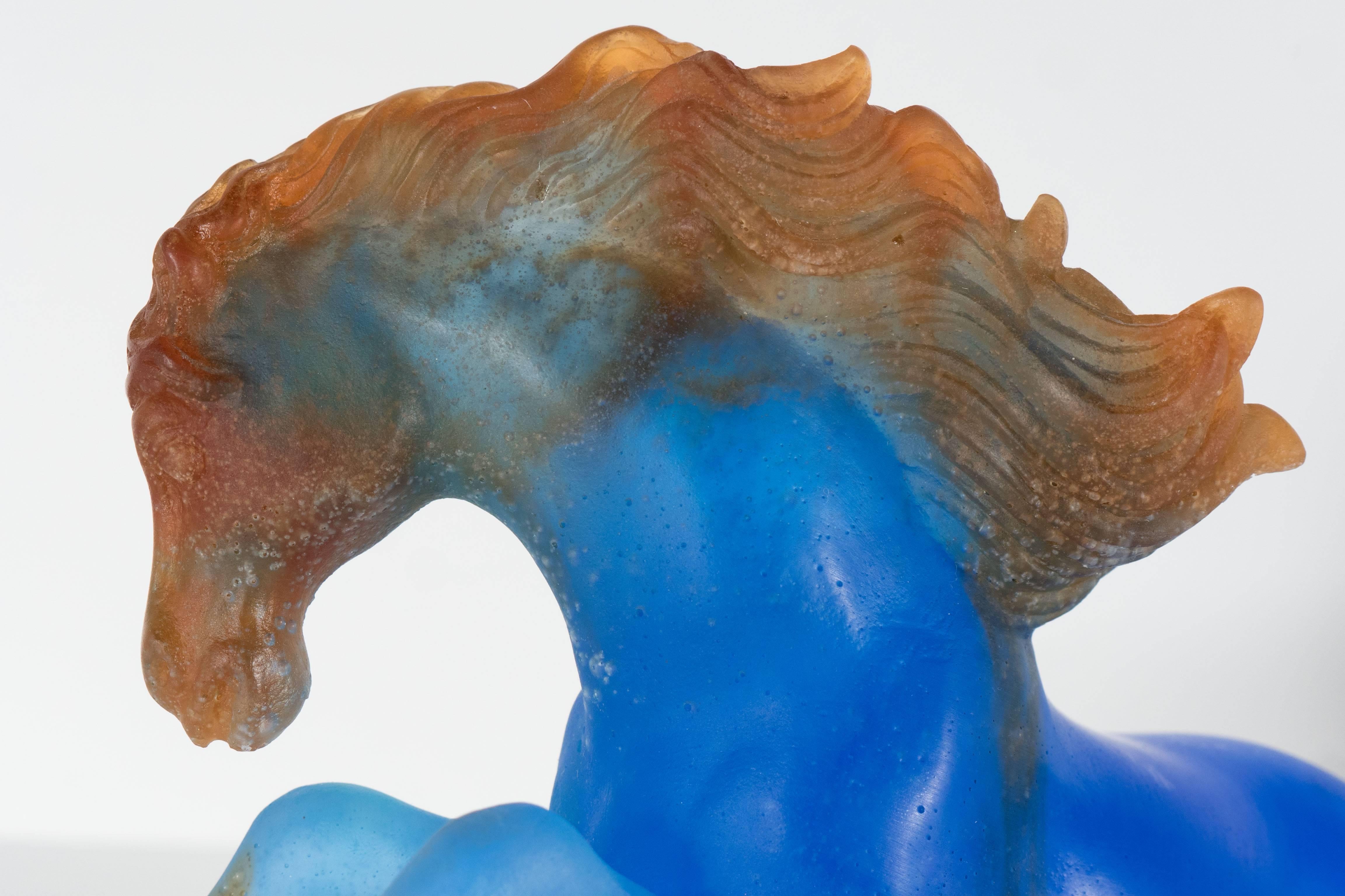 French Daum Pate De Verre Art Glass Stallion in Royal Blue with Crimson and Green Hues