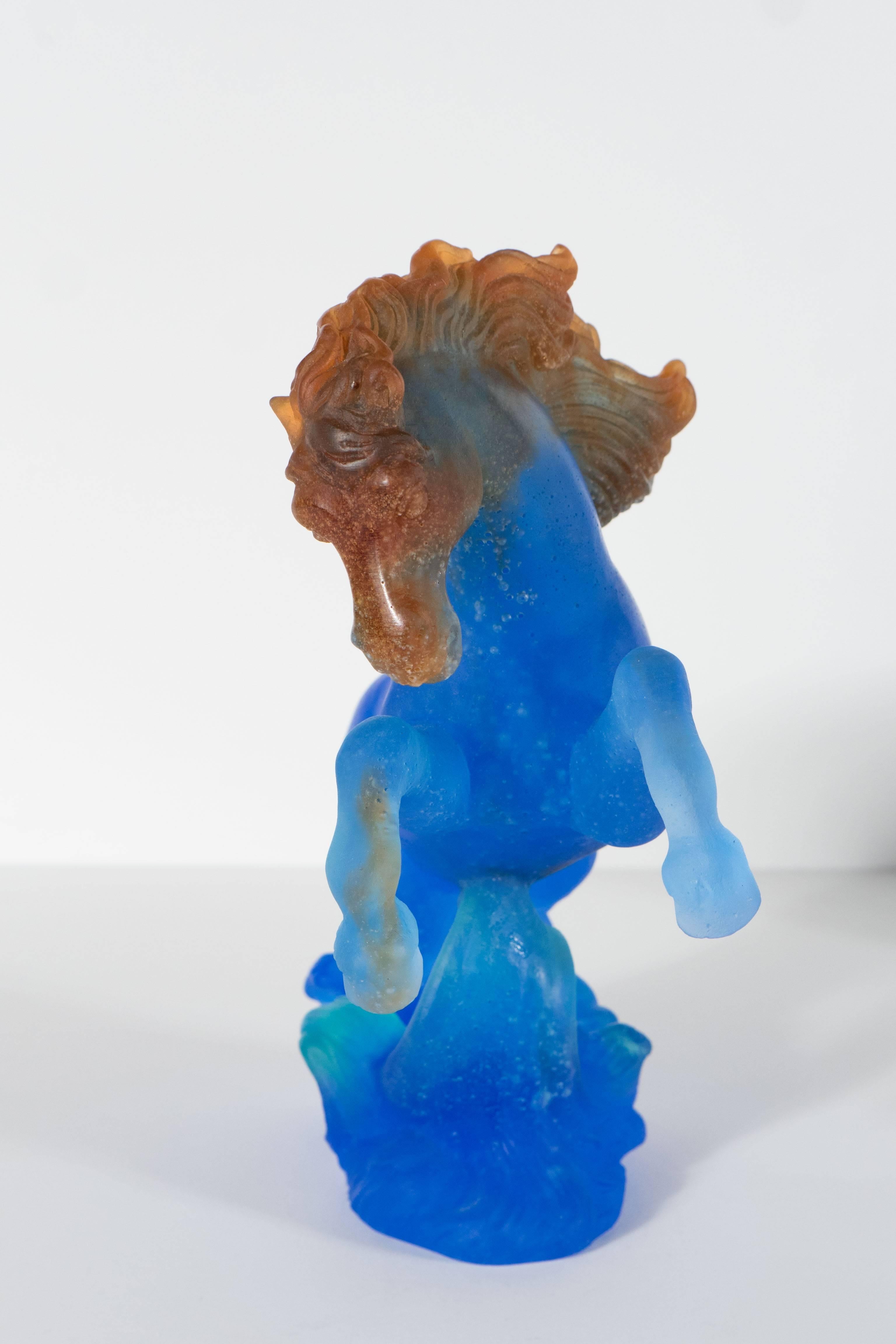 Late 20th Century Daum Pate De Verre Art Glass Stallion in Royal Blue with Crimson and Green Hues