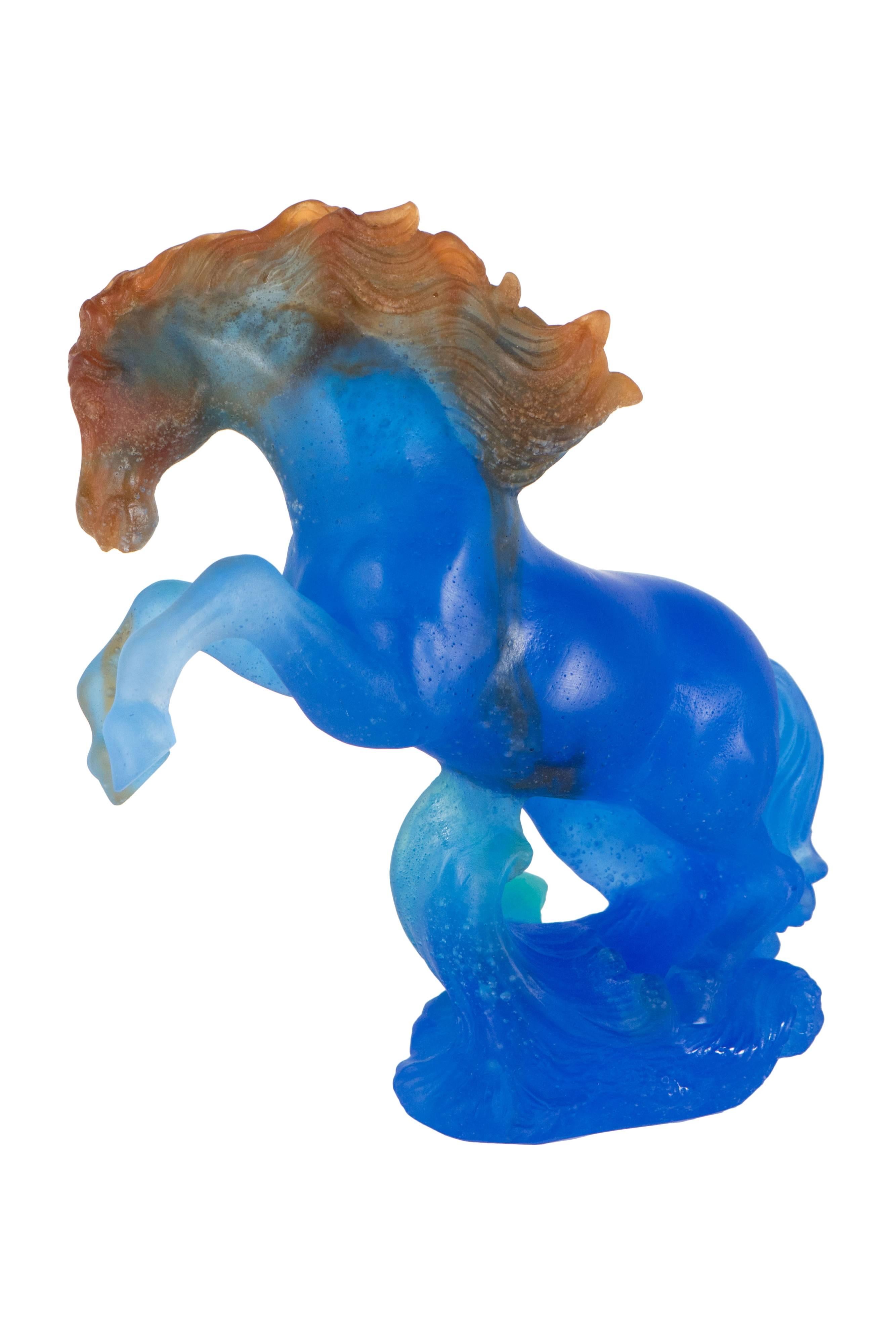 Daum Pate De Verre Art Glass Stallion in Royal Blue with Crimson and Green Hues 2