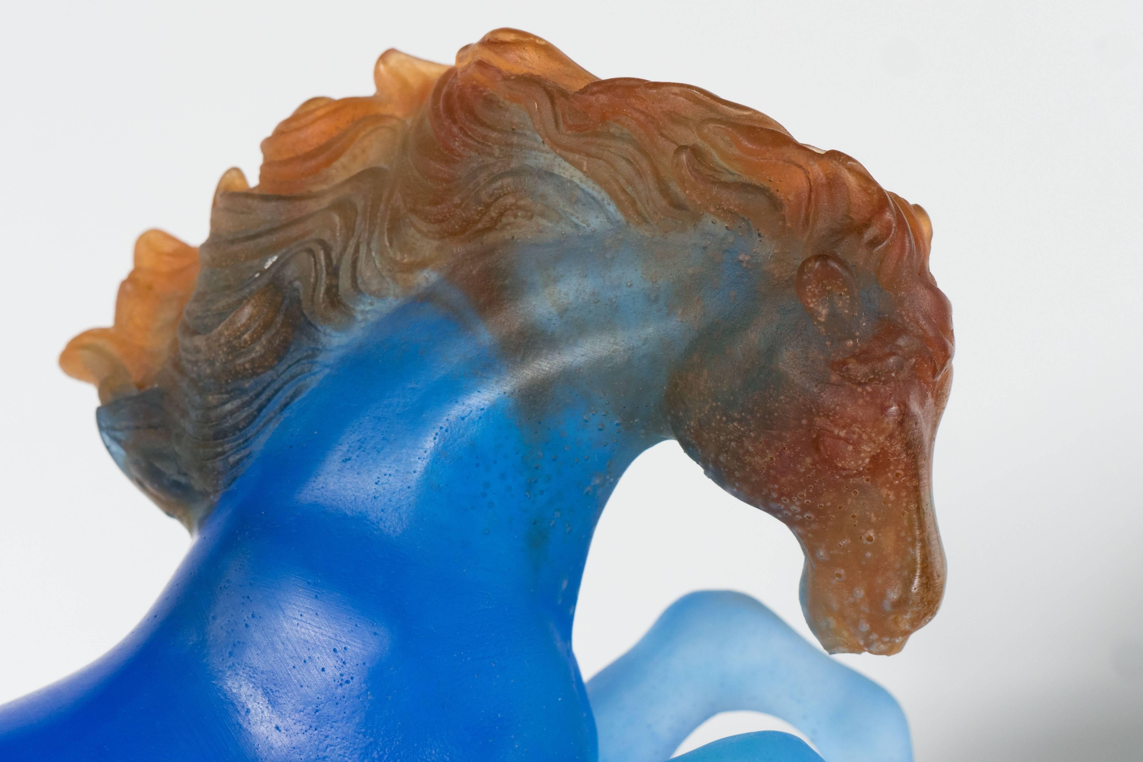 Daum Pate De Verre Art Glass Stallion in Royal Blue with Crimson and Green Hues 3